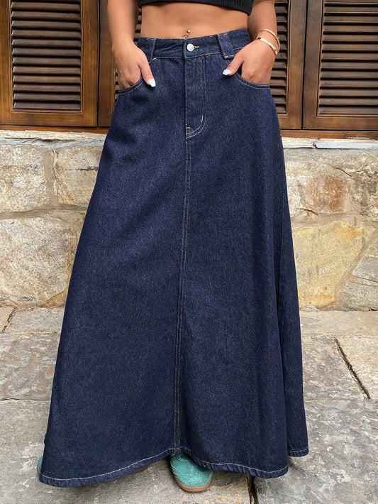 CM-BS934034 Women Casual Seoul Style Contrast Color Loose Flared A-Line Skirt With Pockets - Blue