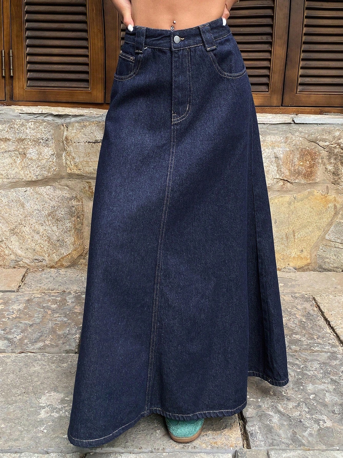CM-BS934034 Women Casual Seoul Style Contrast Color Loose Flared A-Line Skirt With Pockets - Blue