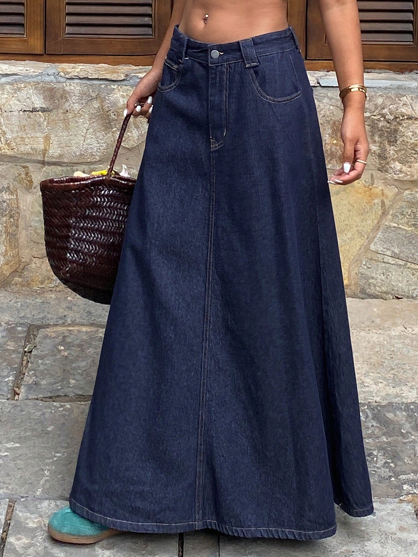 CM-BS934034 Women Casual Seoul Style Contrast Color Loose Flared A-Line Skirt With Pockets - Blue