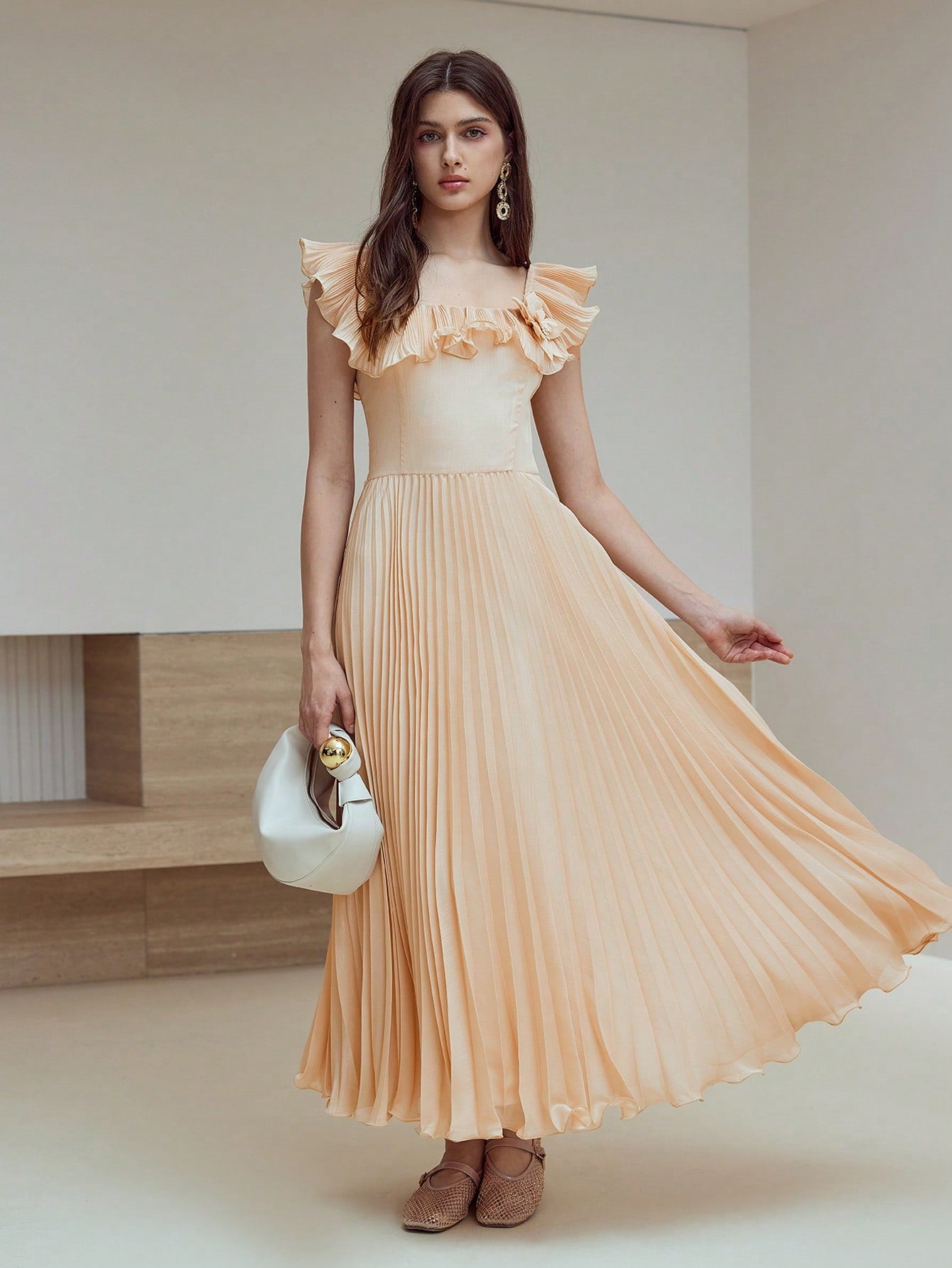 CM-DS132239 Women Elegant Seoul Style Stand Collar Cap Sleeve High Waist Flowy Pleated Dress - Apricot
