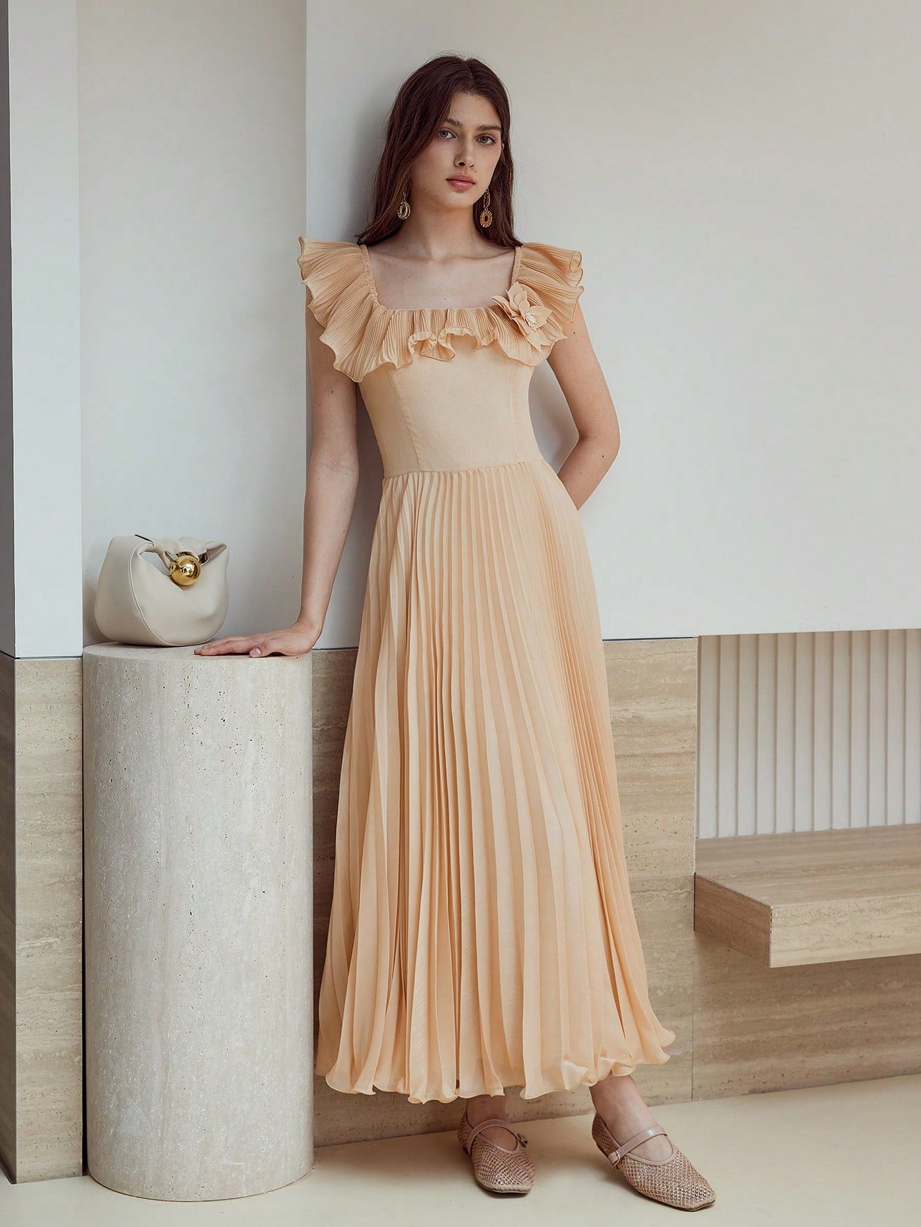 CM-DS132239 Women Elegant Seoul Style Stand Collar Cap Sleeve High Waist Flowy Pleated Dress - Apricot