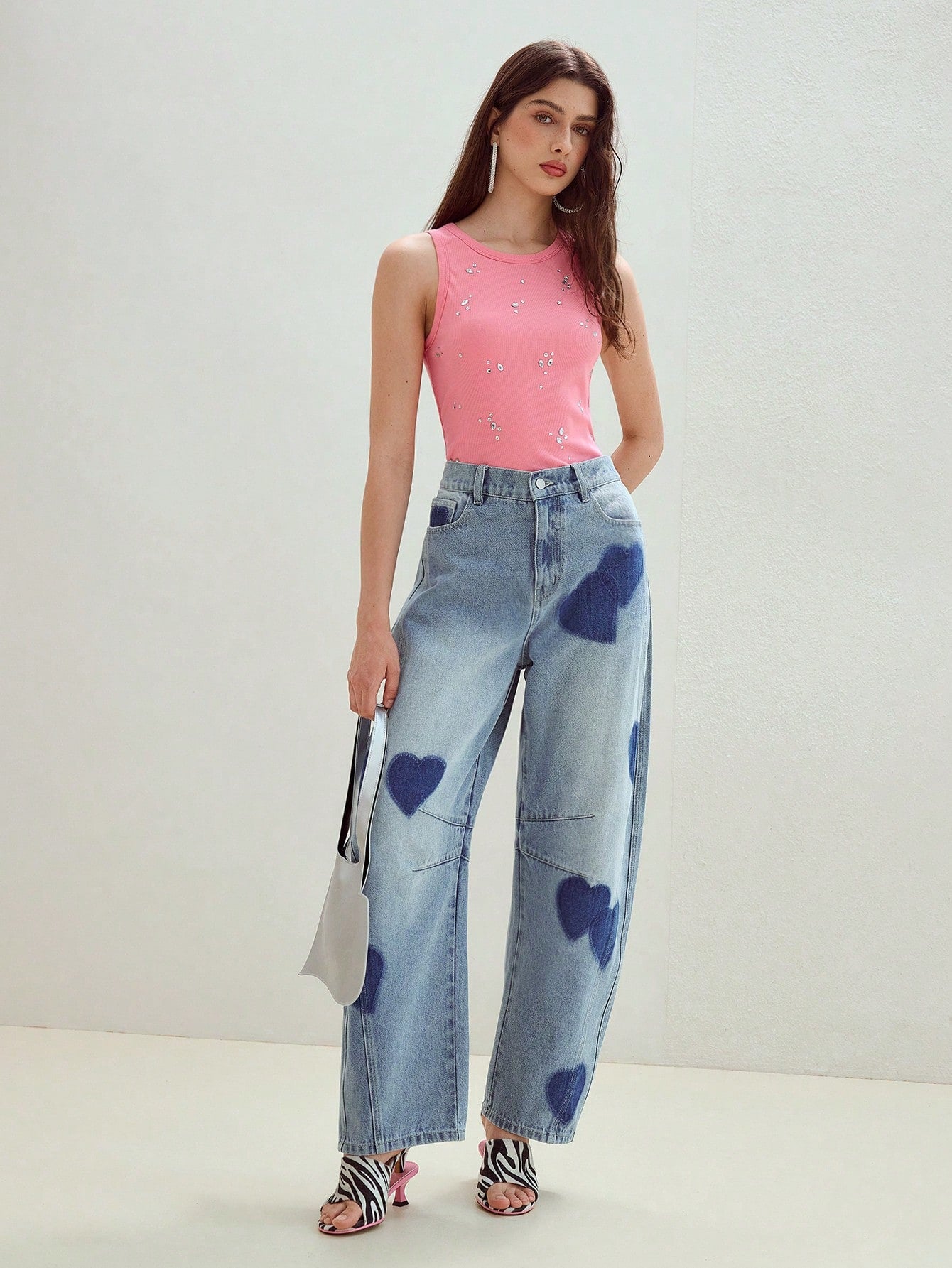 CM-BS747086 Women Casual Seoul Style Mid Waist Heart Patchwork Design Loose Fit Jeans - Blue