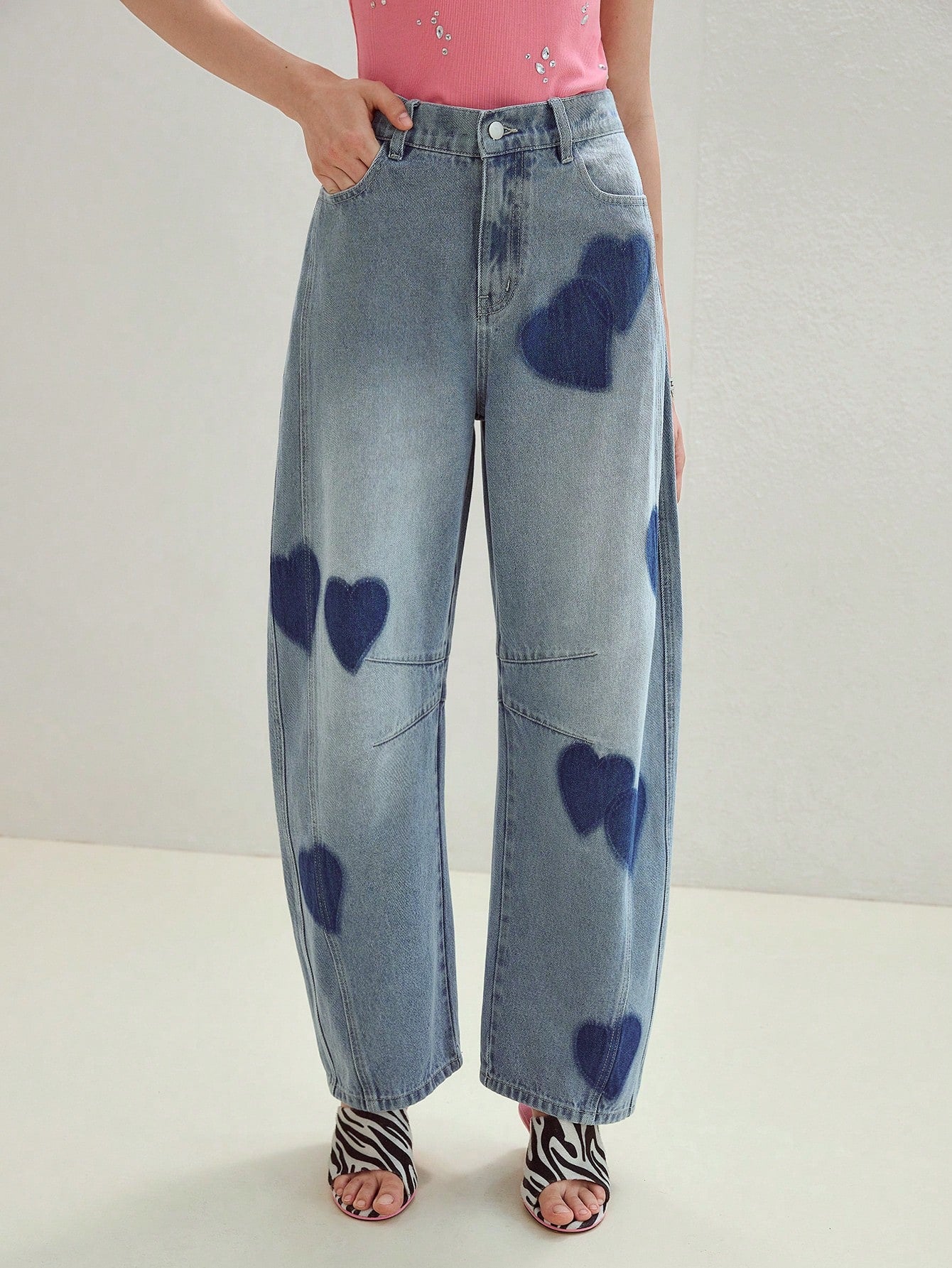 CM-BS747086 Women Casual Seoul Style Mid Waist Heart Patchwork Design Loose Fit Jeans - Blue