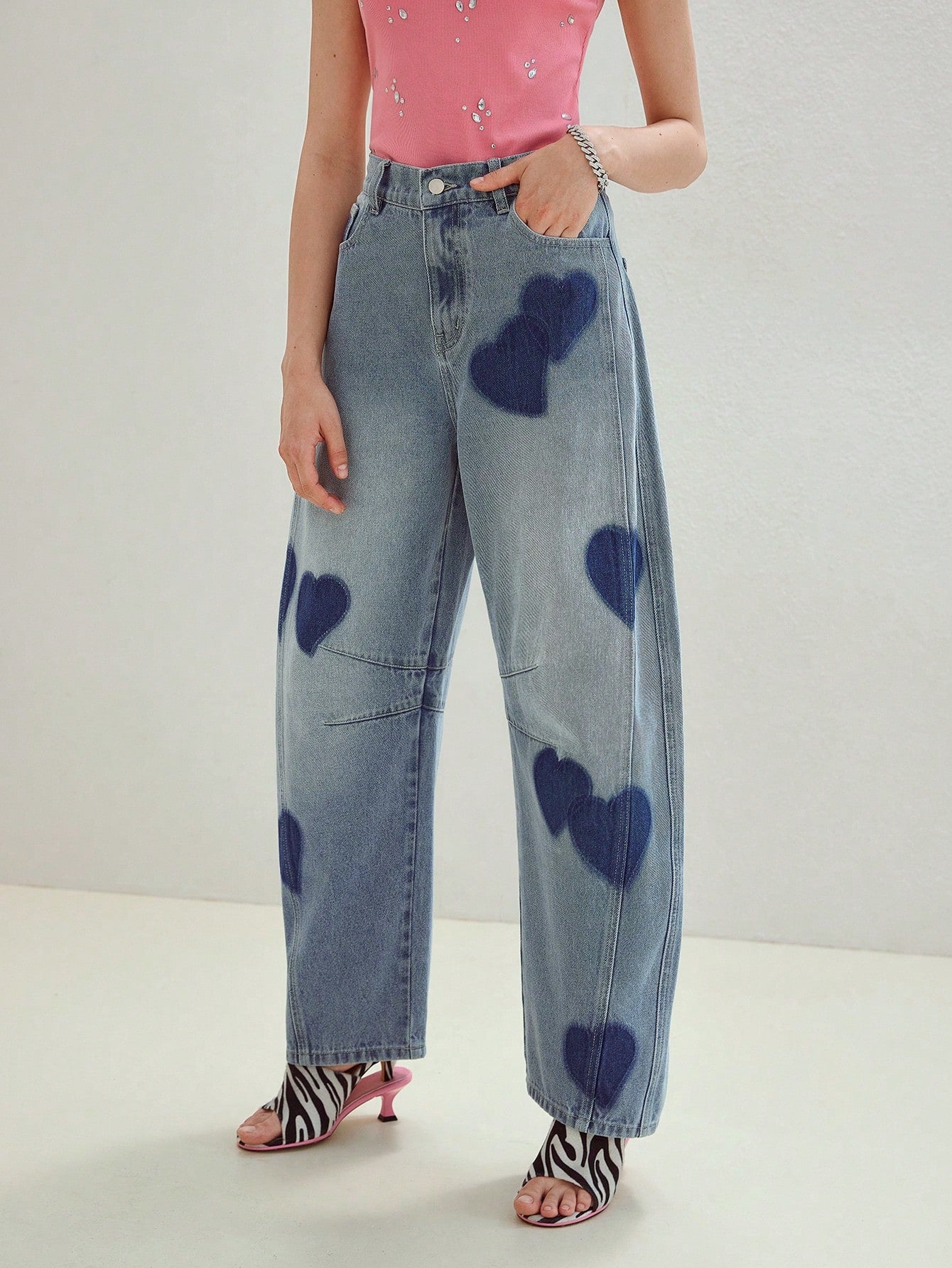 CM-BS747086 Women Casual Seoul Style Mid Waist Heart Patchwork Design Loose Fit Jeans - Blue