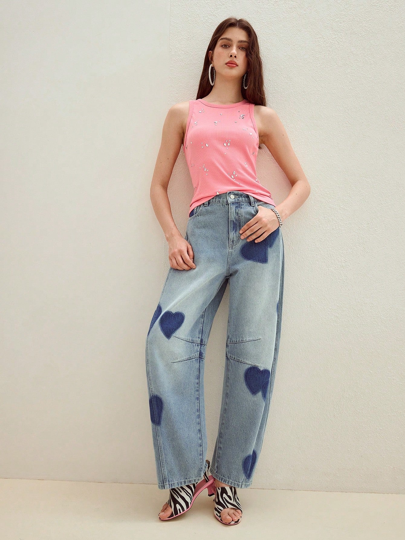 CM-BS747086 Women Casual Seoul Style Mid Waist Heart Patchwork Design Loose Fit Jeans - Blue