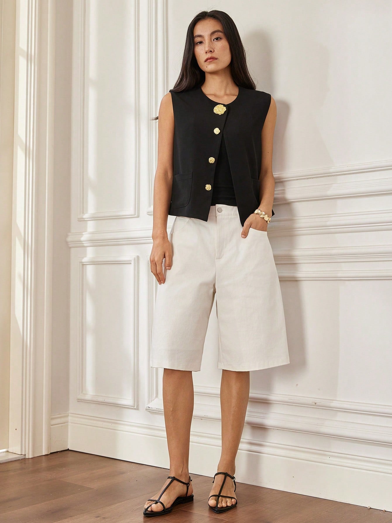 CM-TS134971 Women Casual Seoul Style Round Neck Button Decor Cap Sleeve Blouse - Black