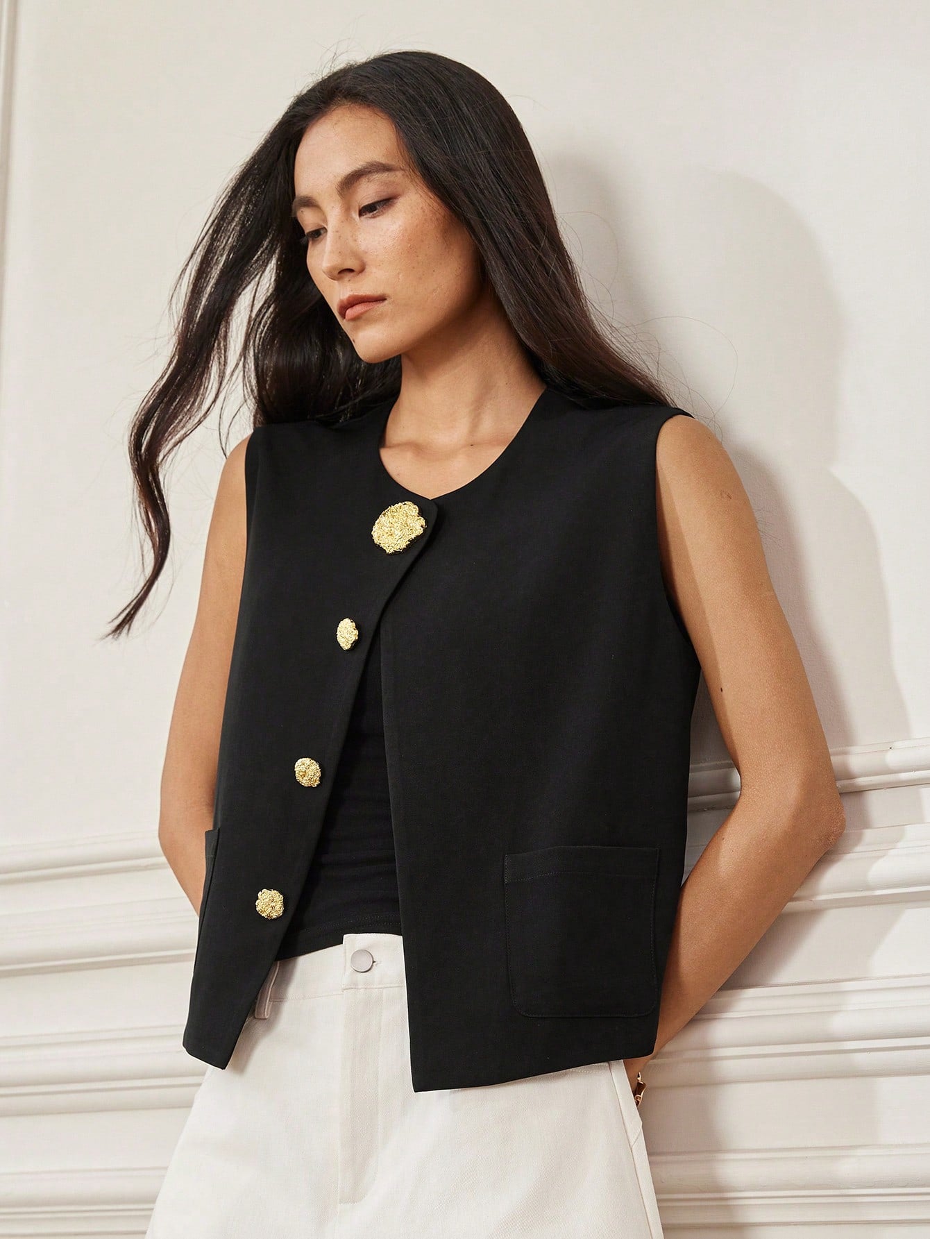 CM-TS134971 Women Casual Seoul Style Round Neck Button Decor Cap Sleeve Blouse - Black