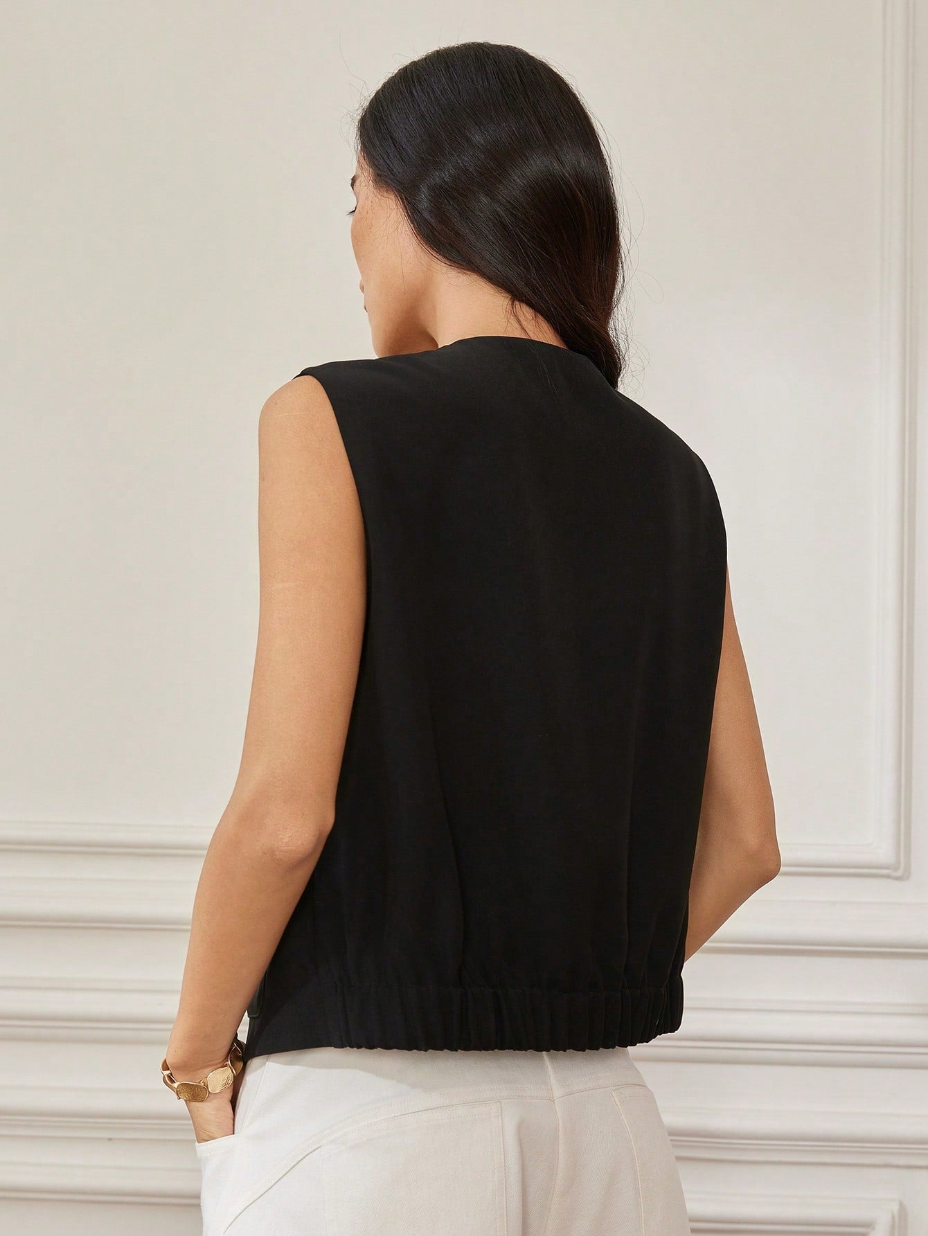 CM-TS134971 Women Casual Seoul Style Round Neck Button Decor Cap Sleeve Blouse - Black