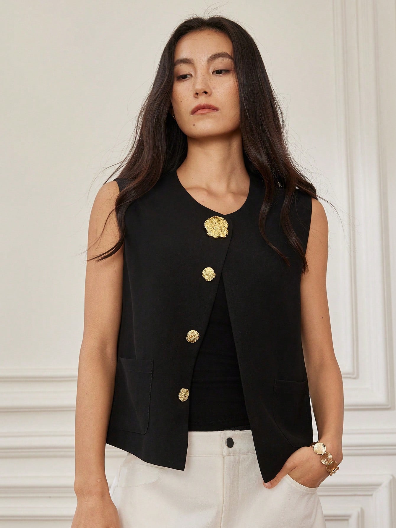 CM-TS134971 Women Casual Seoul Style Round Neck Button Decor Cap Sleeve Blouse - Black