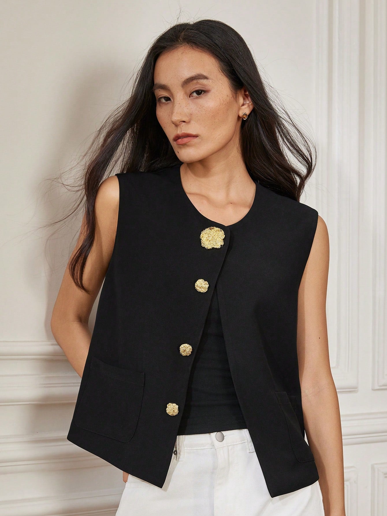 CM-TS134971 Women Casual Seoul Style Round Neck Button Decor Cap Sleeve Blouse - Black