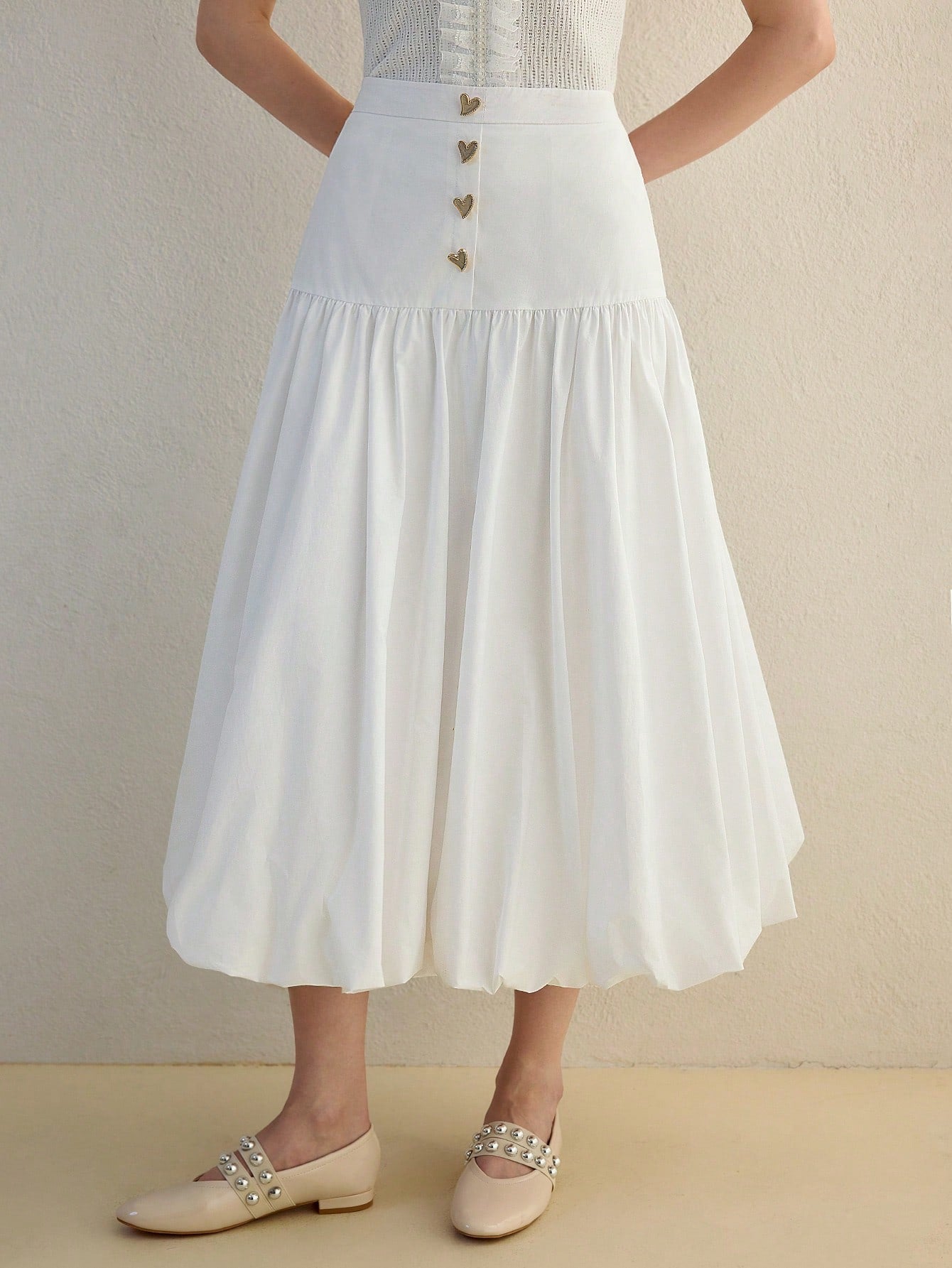 CM-BS954544 Women Elegant Seoul Style Button Front Fold Pleated Mid-Length Skirt - White