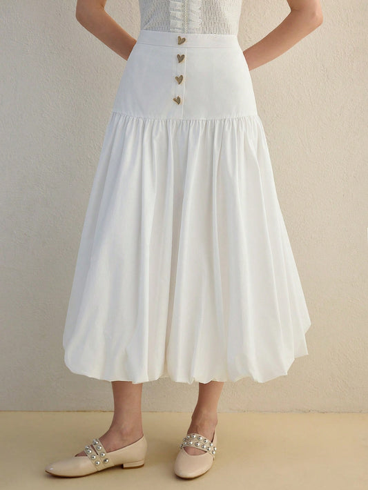 CM-BS954544 Women Elegant Seoul Style Button Front Fold Pleated Mid-Length Skirt - White