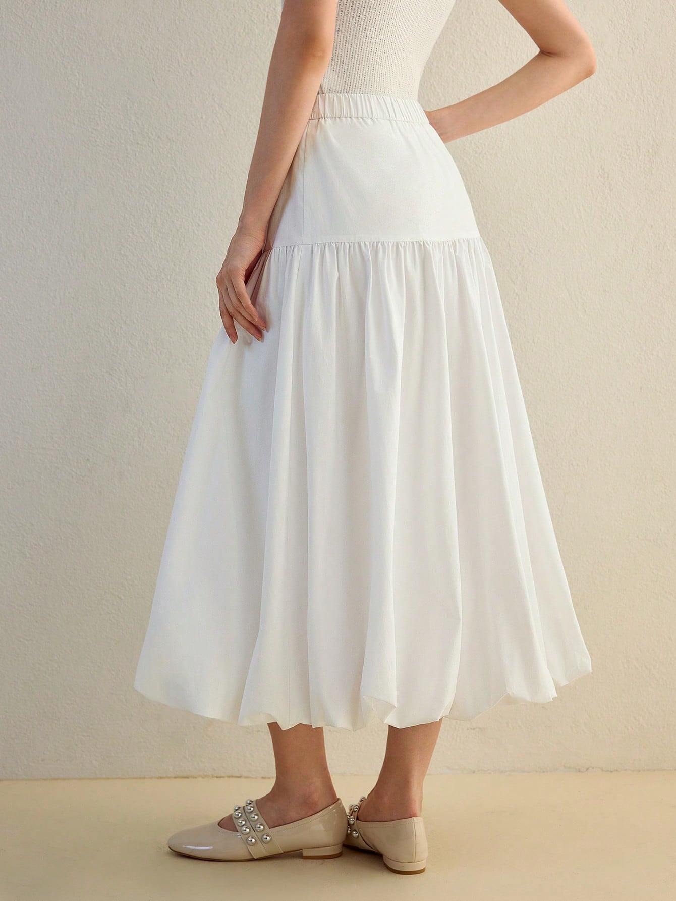 CM-BS954544 Women Elegant Seoul Style Button Front Fold Pleated Mid-Length Skirt - White