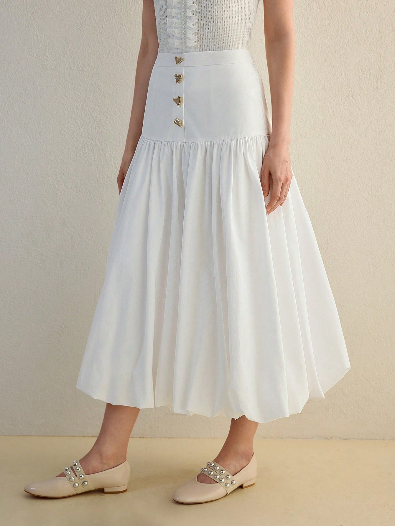 CM-BS954544 Women Elegant Seoul Style Button Front Fold Pleated Mid-Length Skirt - White