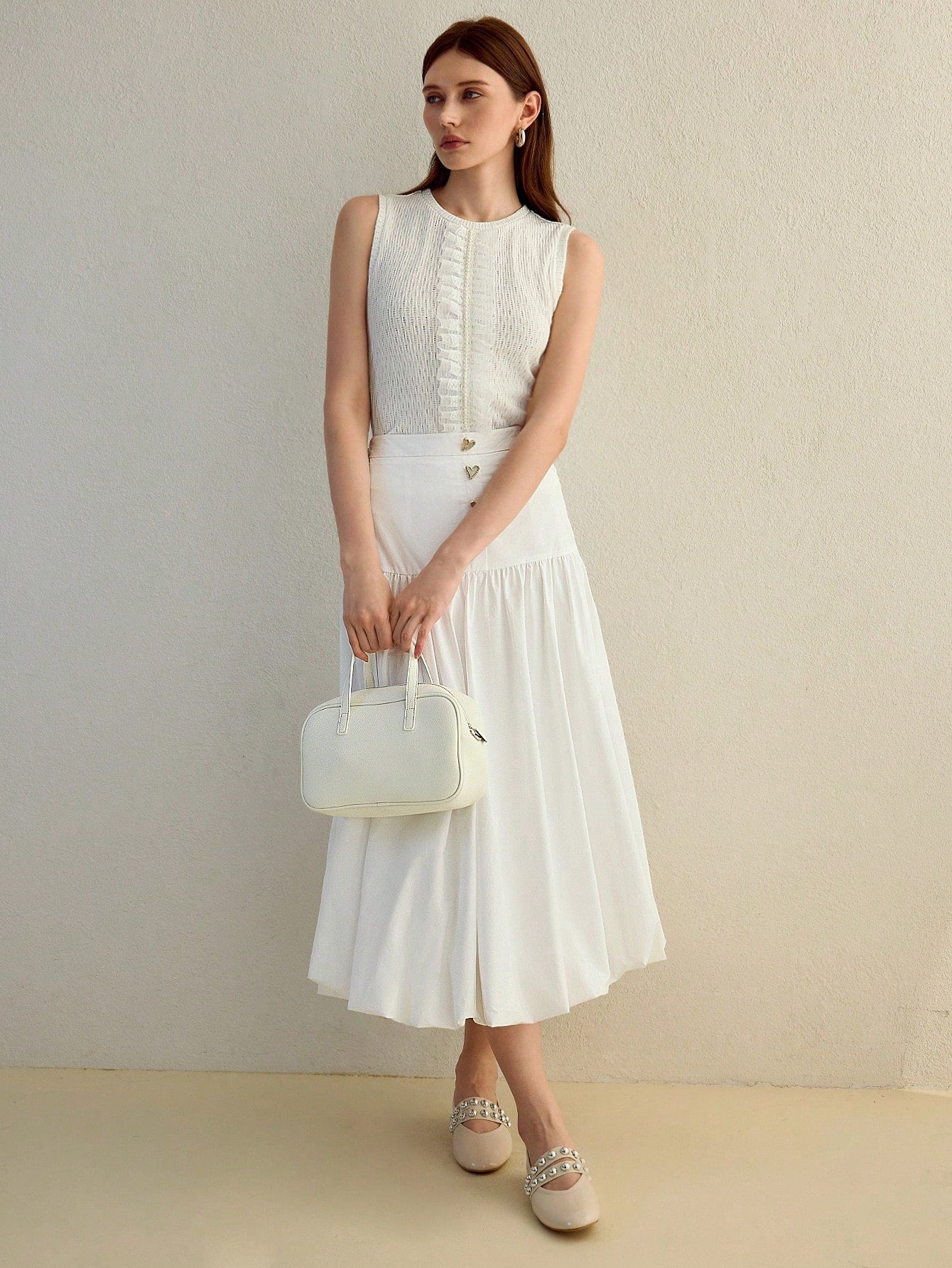 CM-BS954544 Women Elegant Seoul Style Button Front Fold Pleated Mid-Length Skirt - White