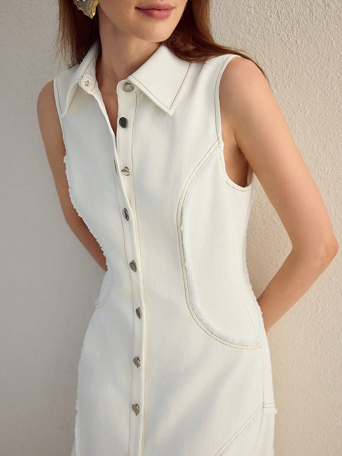 CM-DS381825 Women Elegant Seoul Style Collar Neckline Sleeveless Top Stitching Button Up Dress - White