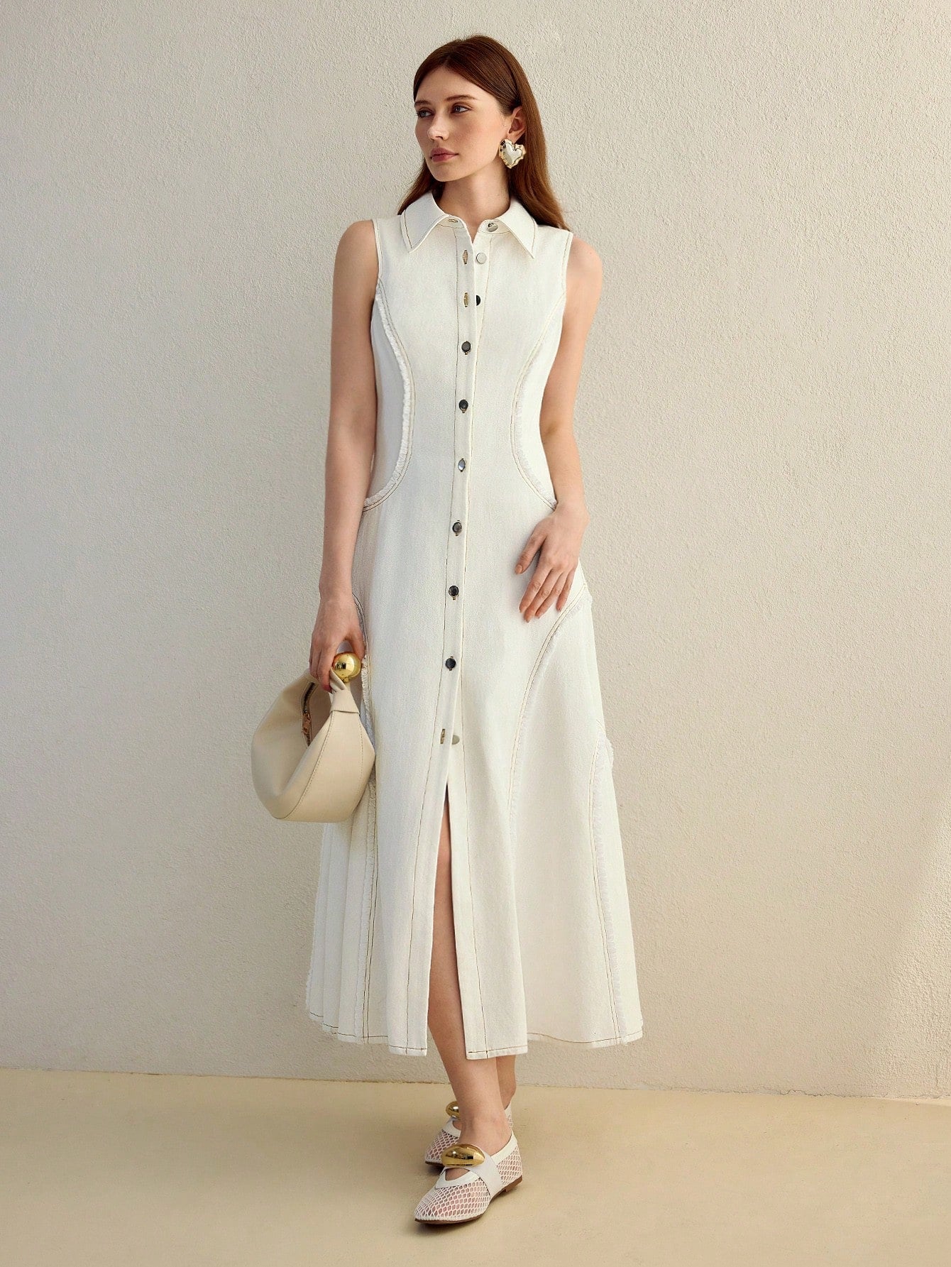 CM-DS381825 Women Elegant Seoul Style Collar Neckline Sleeveless Top Stitching Button Up Dress - White
