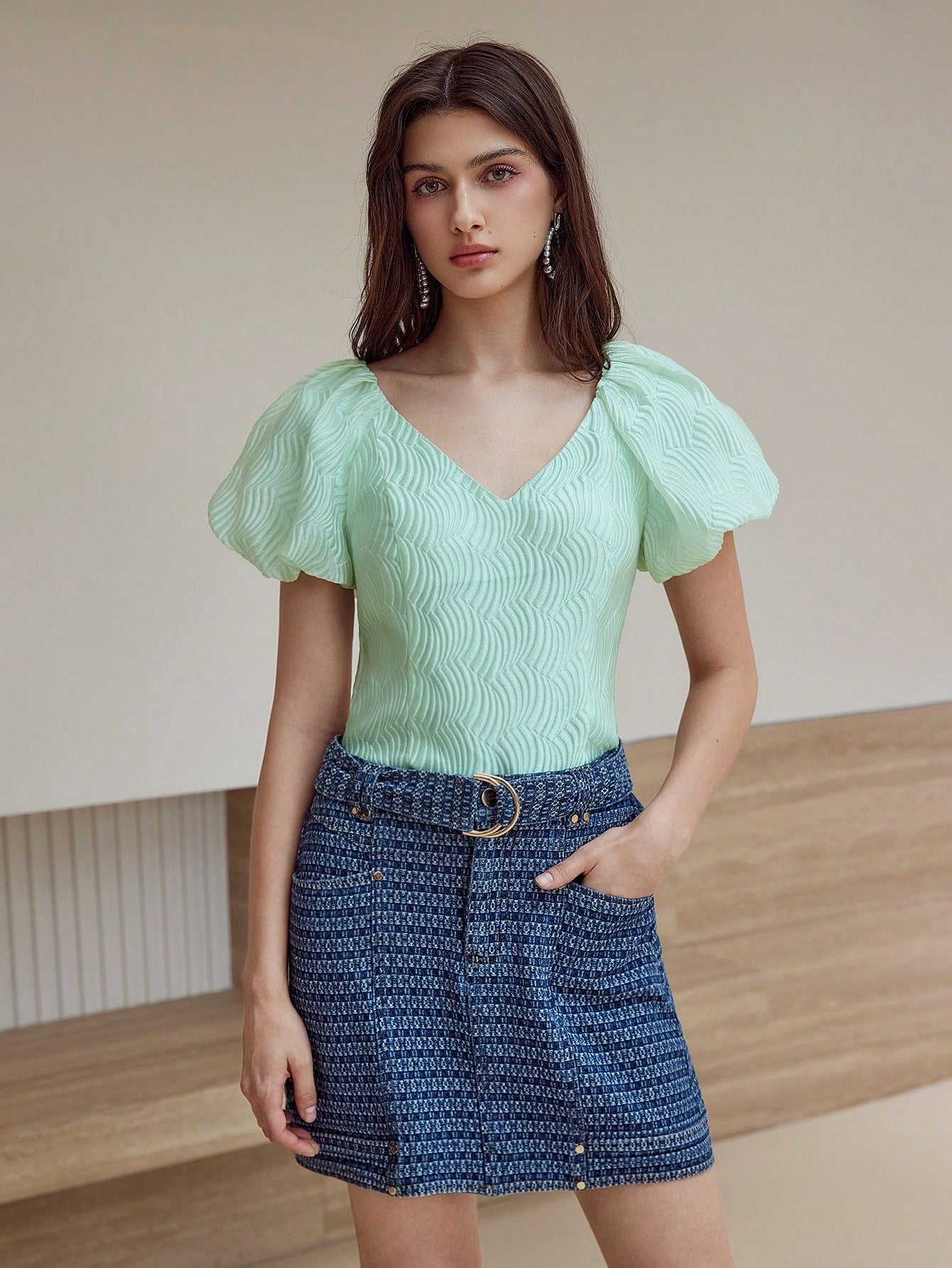 CM-TS962636 Women Elegant Seoul Style Textured V-Neck Puff Sleeve Rib-Knit Blouse - Green