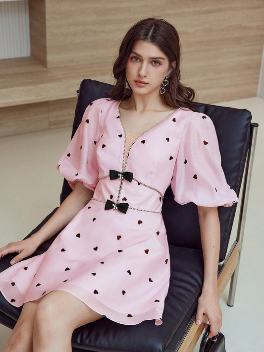 CM-DS115348 Women Elegant Seoul Style V-Neck Puff Sleeve Bow Detail Rhinestone Trim Dress - Pink