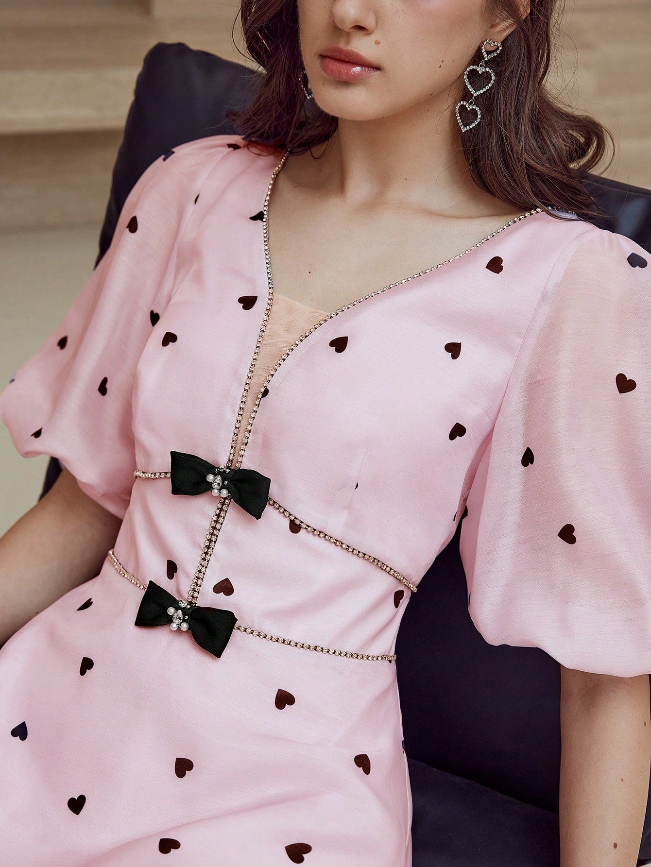 CM-DS115348 Women Elegant Seoul Style V-Neck Puff Sleeve Bow Detail Rhinestone Trim Dress - Pink