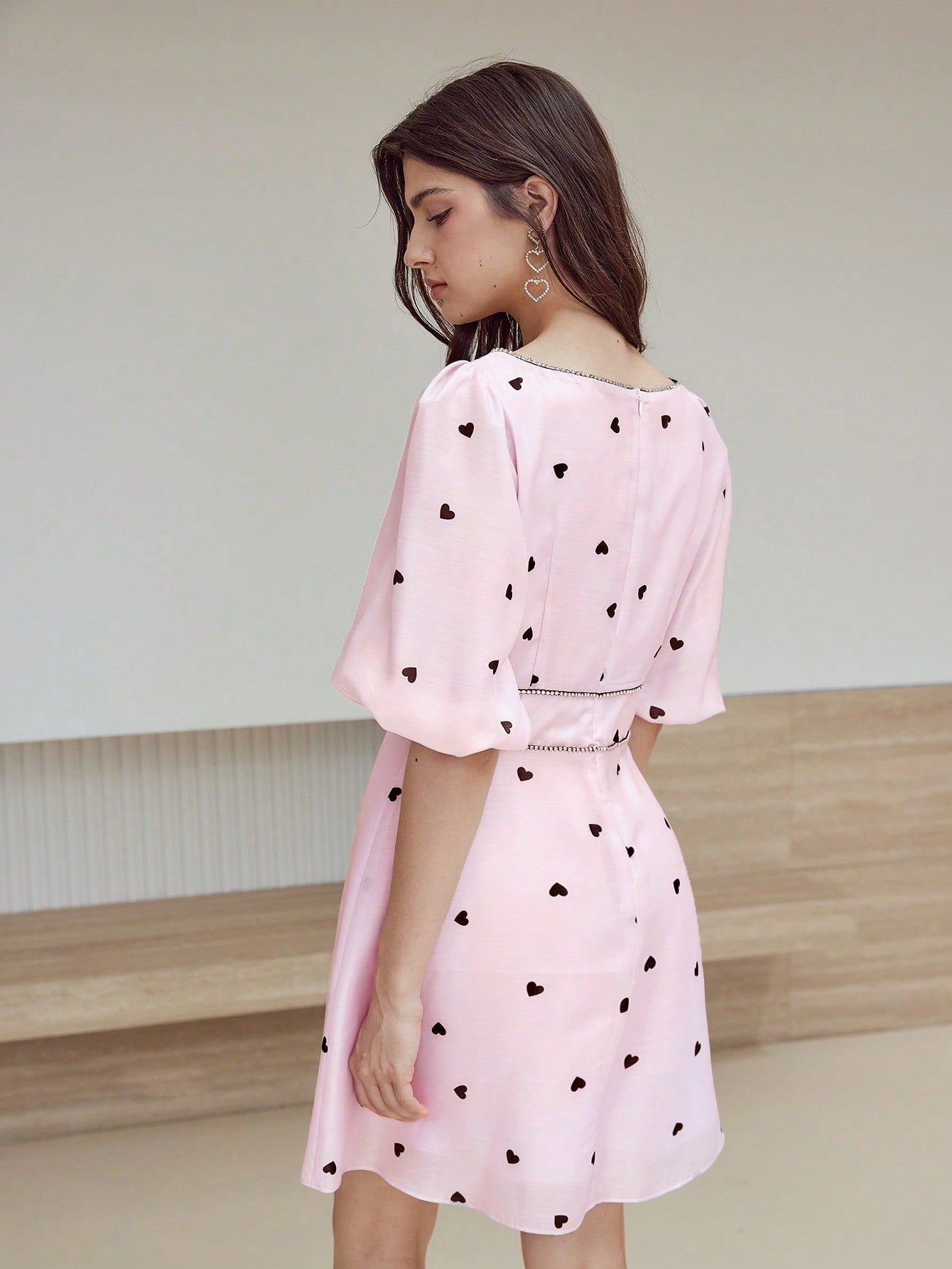 CM-DS115348 Women Elegant Seoul Style V-Neck Puff Sleeve Bow Detail Rhinestone Trim Dress - Pink
