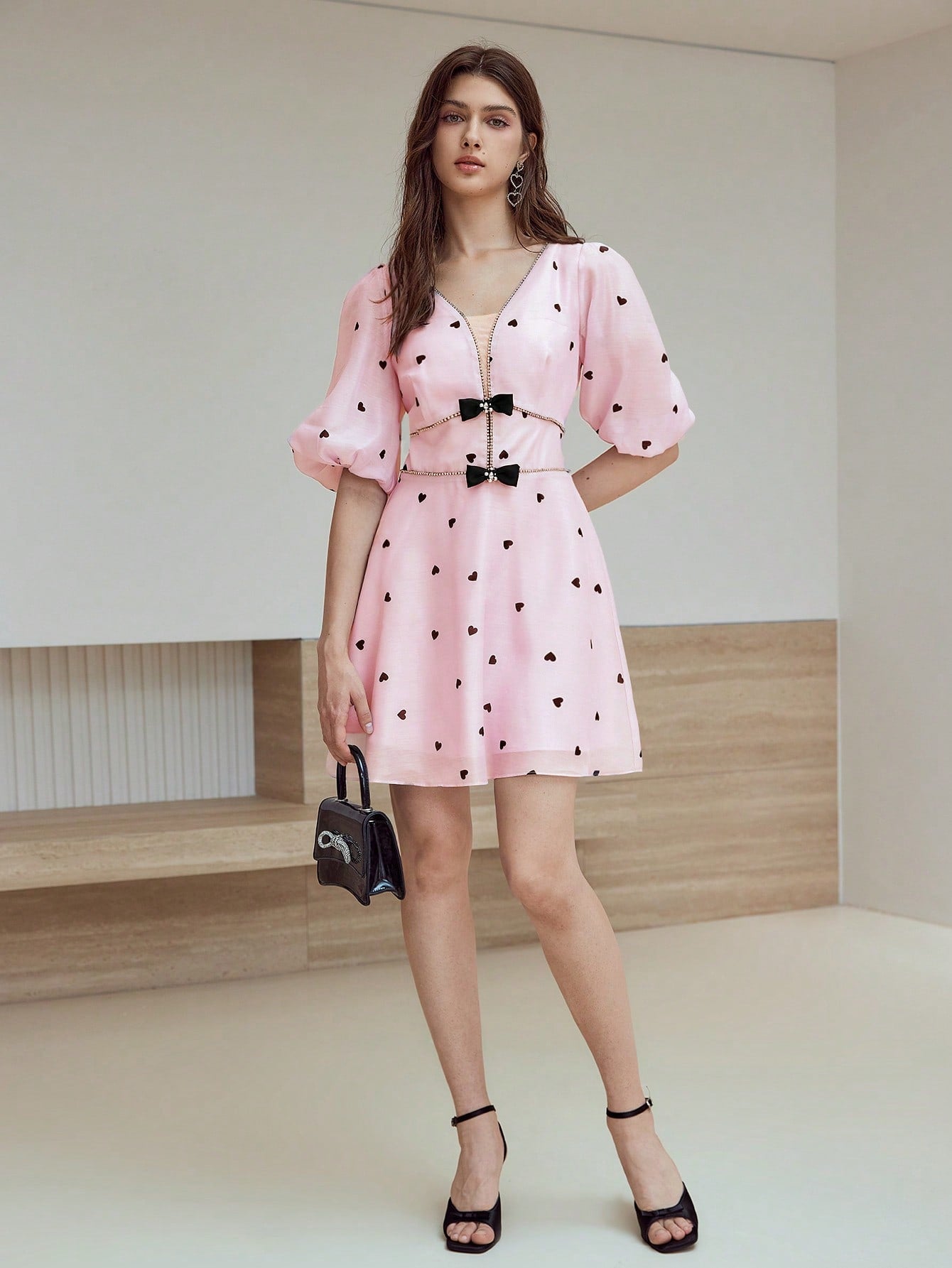 CM-DS115348 Women Elegant Seoul Style V-Neck Puff Sleeve Bow Detail Rhinestone Trim Dress - Pink