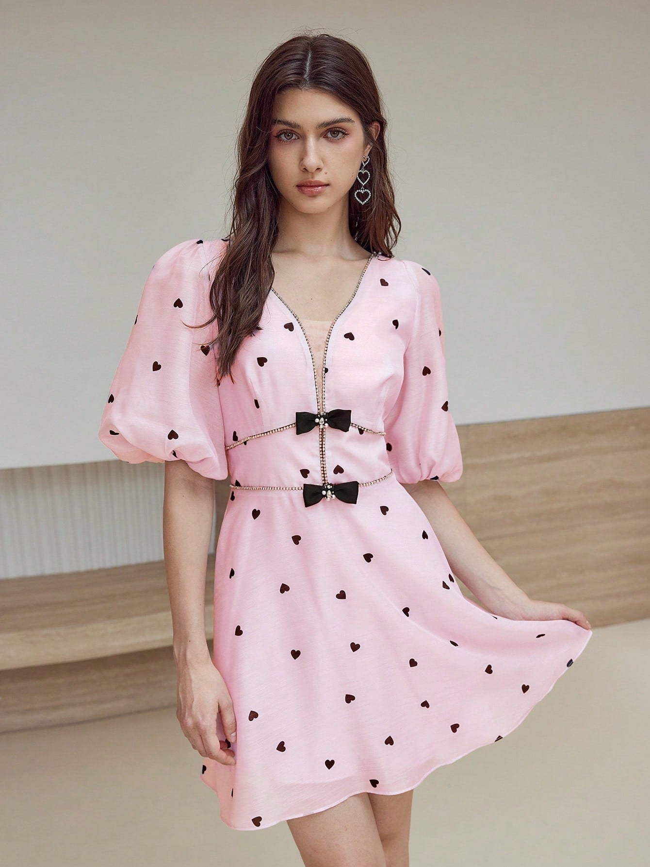 CM-DS115348 Women Elegant Seoul Style V-Neck Puff Sleeve Bow Detail Rhinestone Trim Dress - Pink