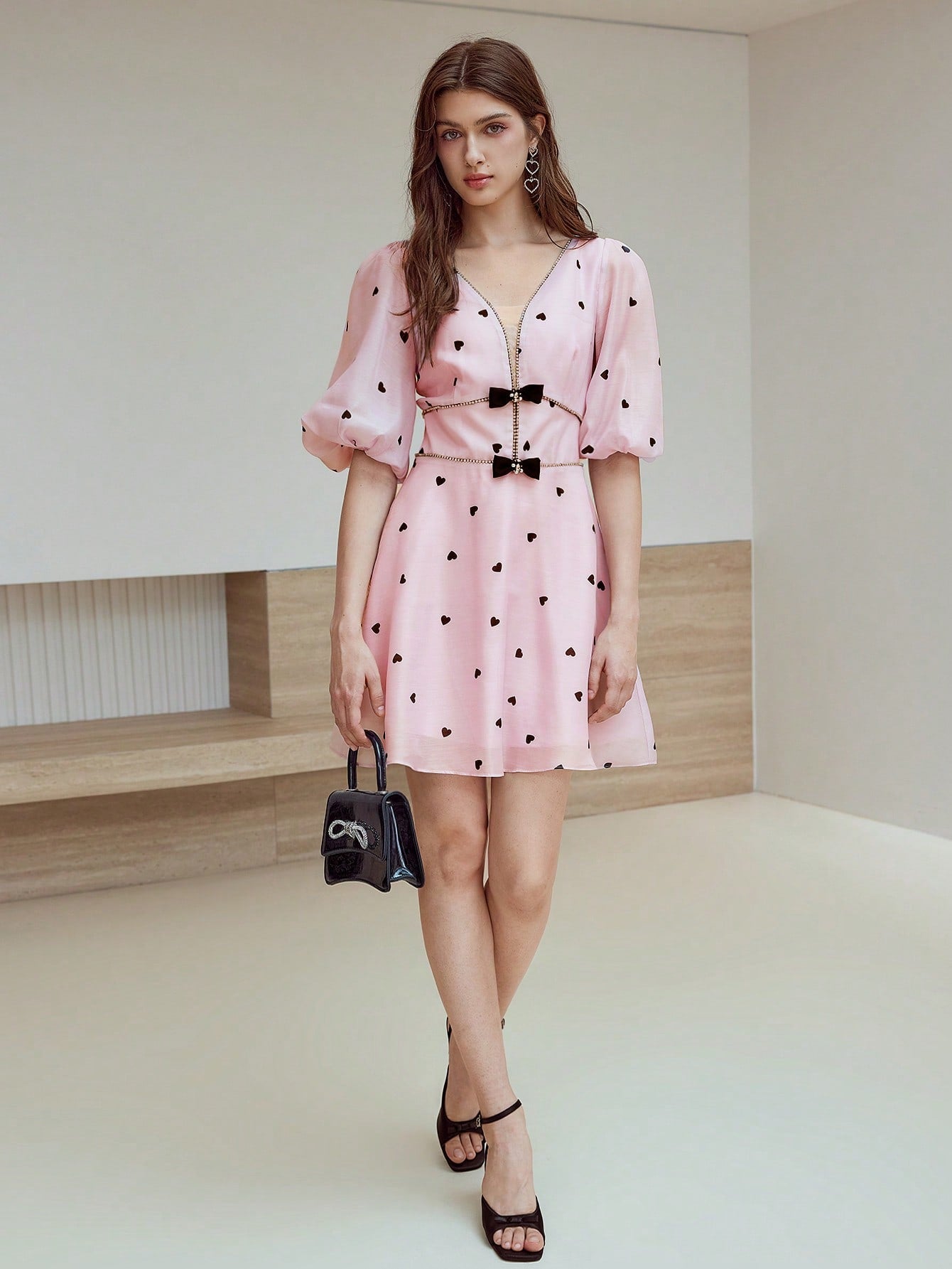 CM-DS115348 Women Elegant Seoul Style V-Neck Puff Sleeve Bow Detail Rhinestone Trim Dress - Pink
