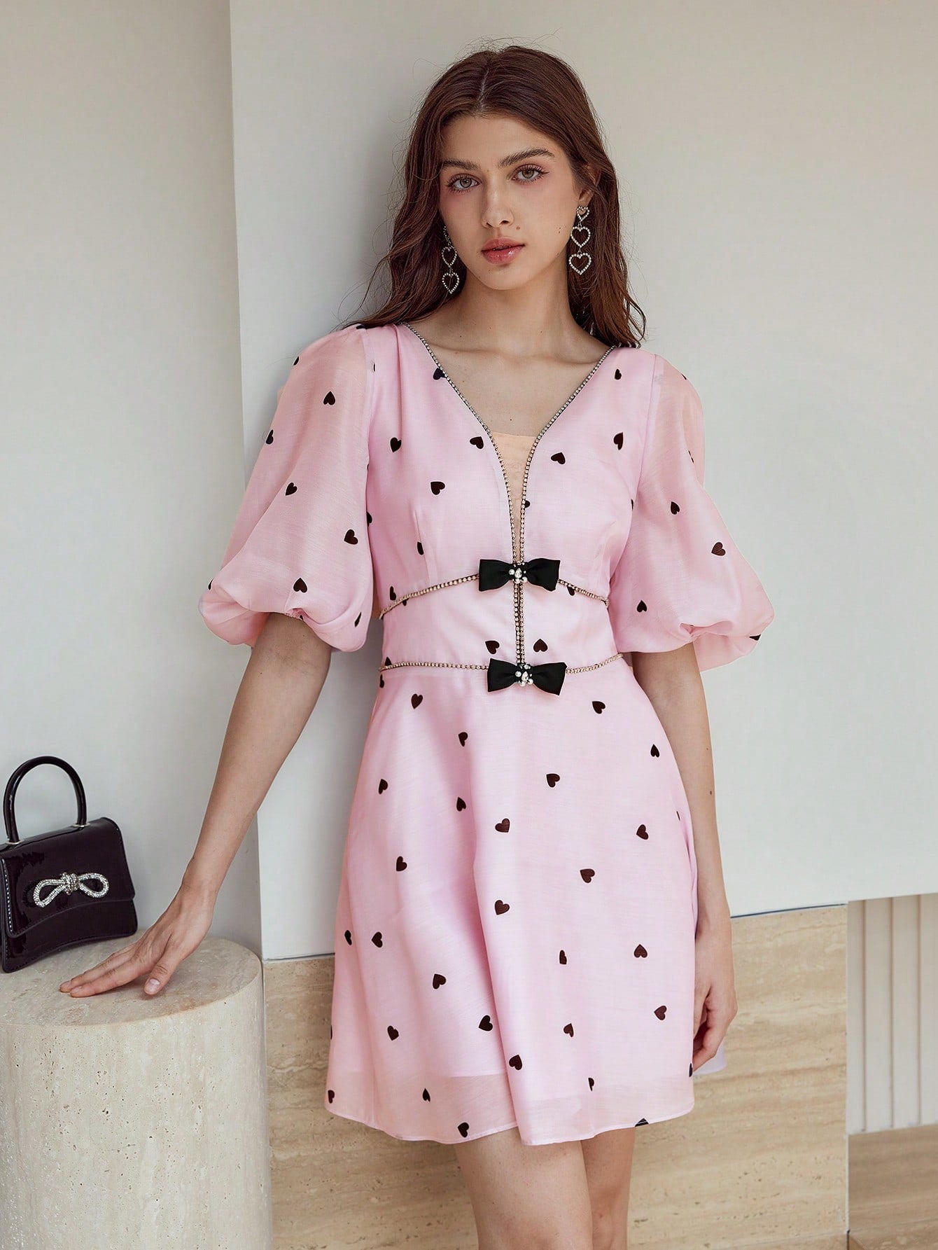 CM-DS115348 Women Elegant Seoul Style V-Neck Puff Sleeve Bow Detail Rhinestone Trim Dress - Pink