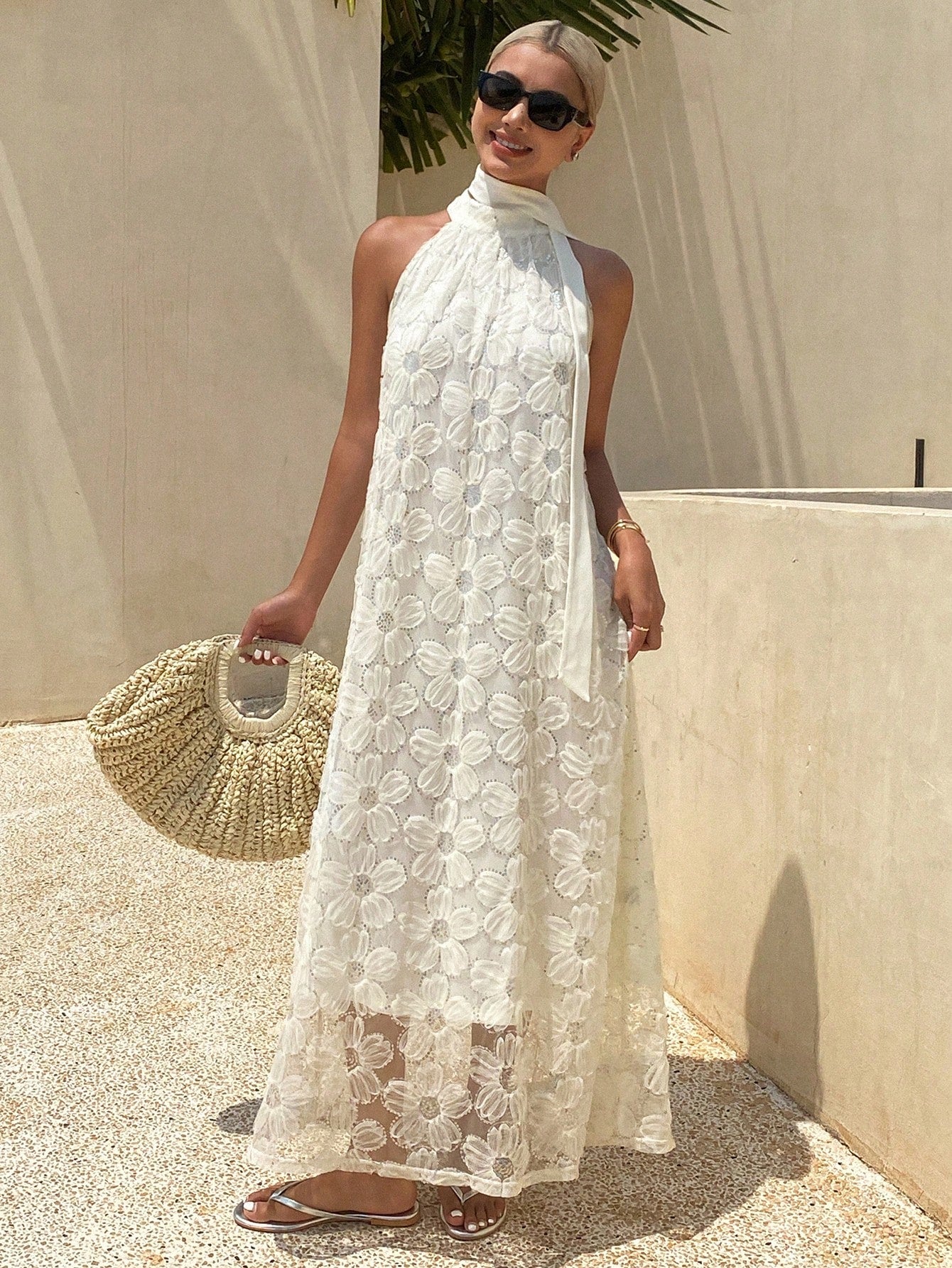 CM-DS774662 Women Trendy Bohemian Style Sleeveless Wide Neck Jacquard Sequin A-Line Dress - White