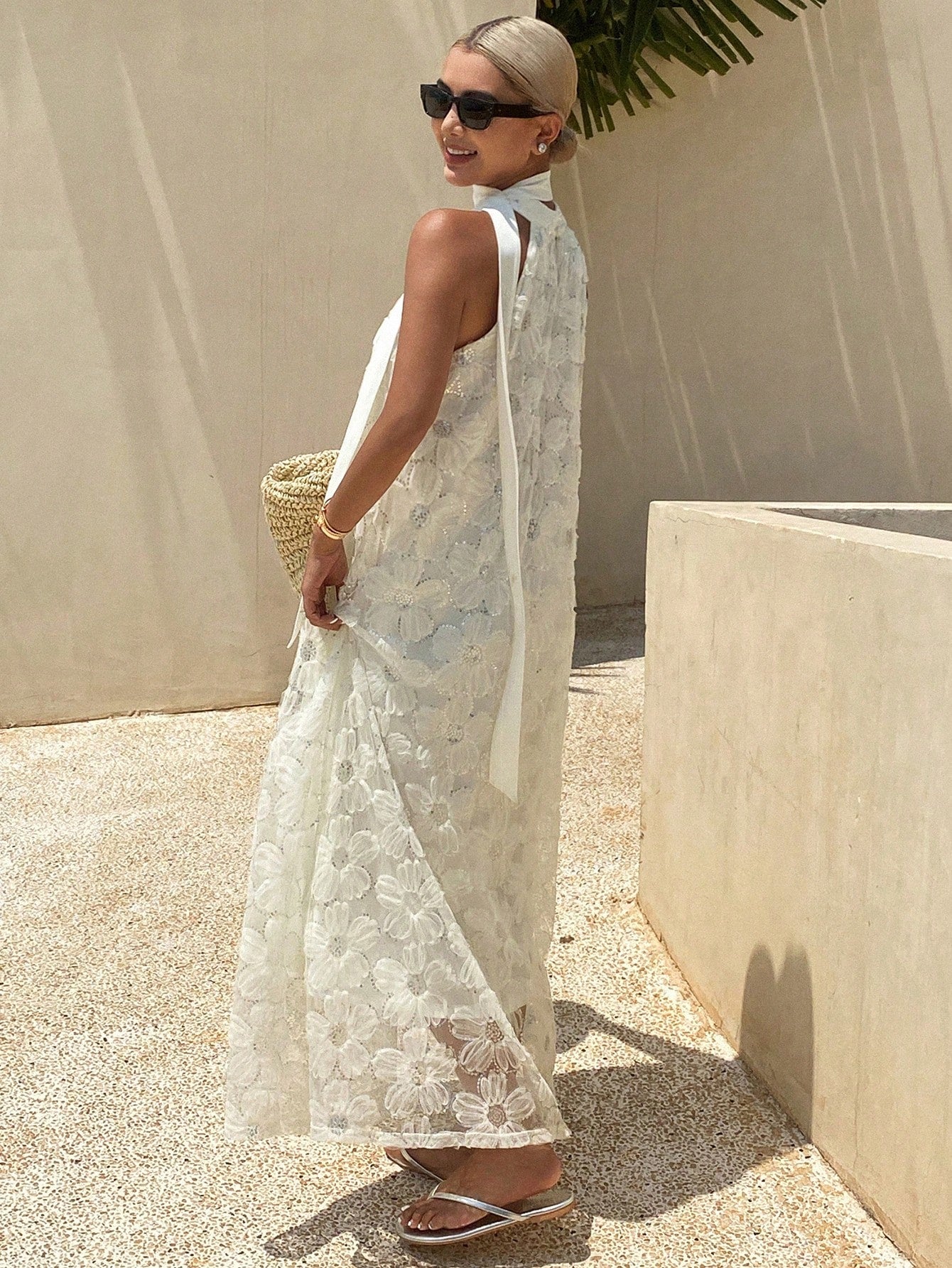 CM-DS774662 Women Trendy Bohemian Style Sleeveless Wide Neck Jacquard Sequin A-Line Dress - White