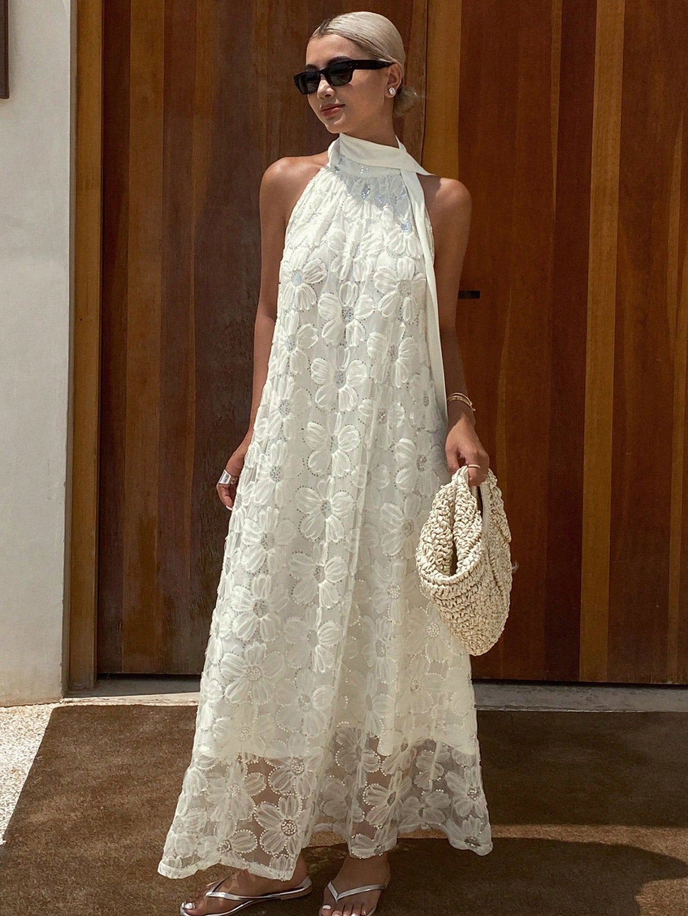 CM-DS774662 Women Trendy Bohemian Style Sleeveless Wide Neck Jacquard Sequin A-Line Dress - White