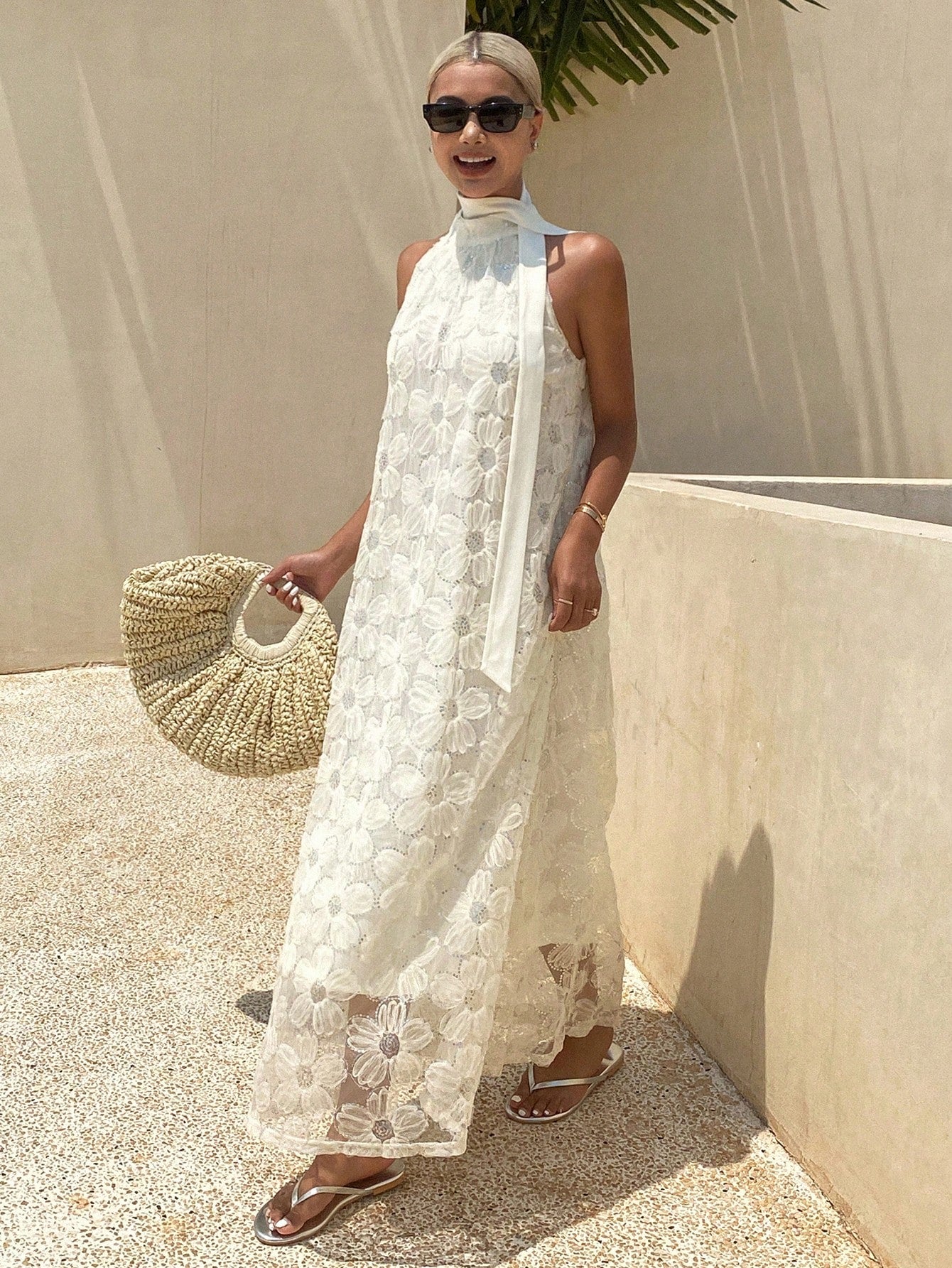 CM-DS774662 Women Trendy Bohemian Style Sleeveless Wide Neck Jacquard Sequin A-Line Dress - White