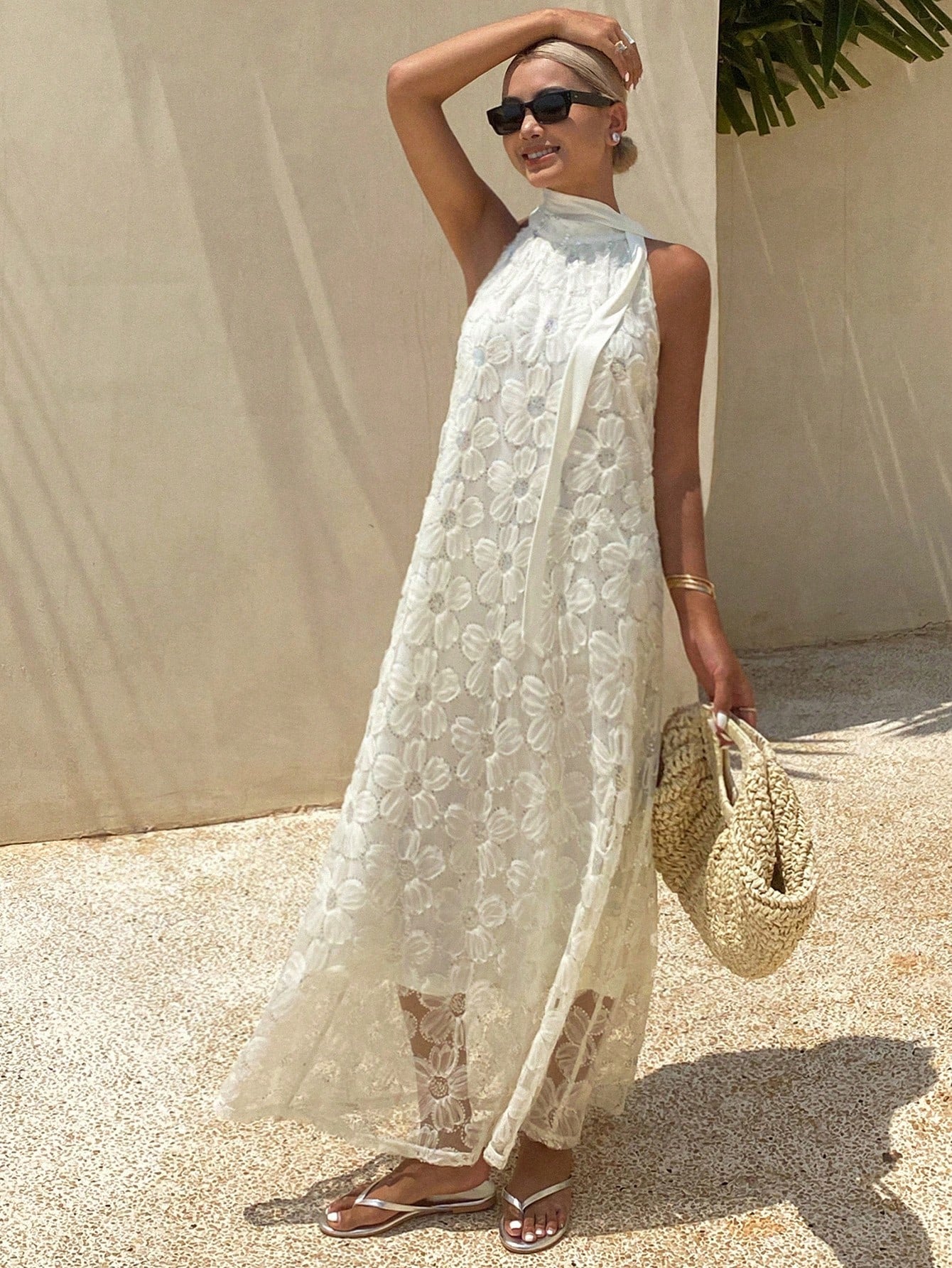 CM-DS774662 Women Trendy Bohemian Style Sleeveless Wide Neck Jacquard Sequin A-Line Dress - White