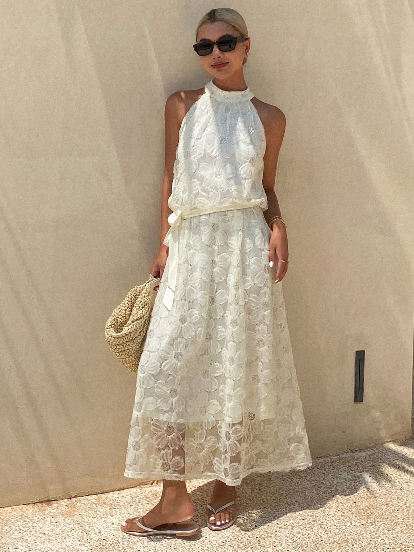 CM-DS774662 Women Trendy Bohemian Style Sleeveless Wide Neck Jacquard Sequin A-Line Dress - White