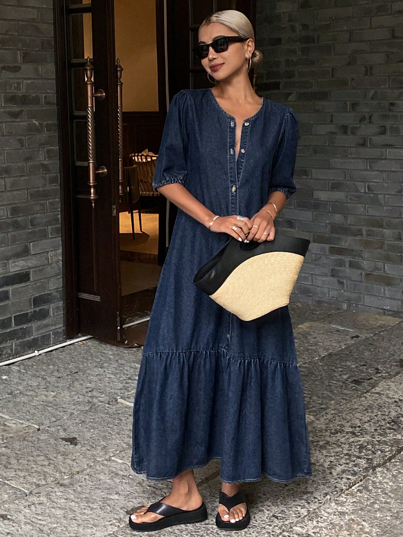 CM-DS209092 Women Casual Seoul Style Puff Sleeve Front Button Down Long Denim Dress - Blue