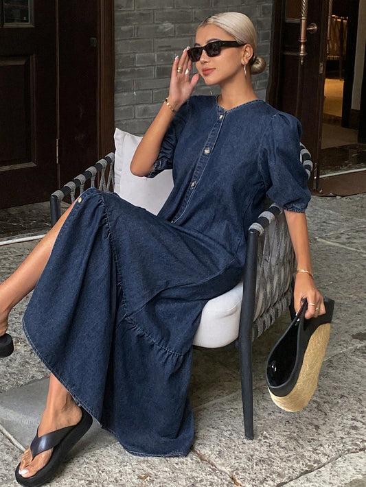 CM-DS209092 Women Casual Seoul Style Puff Sleeve Front Button Down Long Denim Dress - Blue
