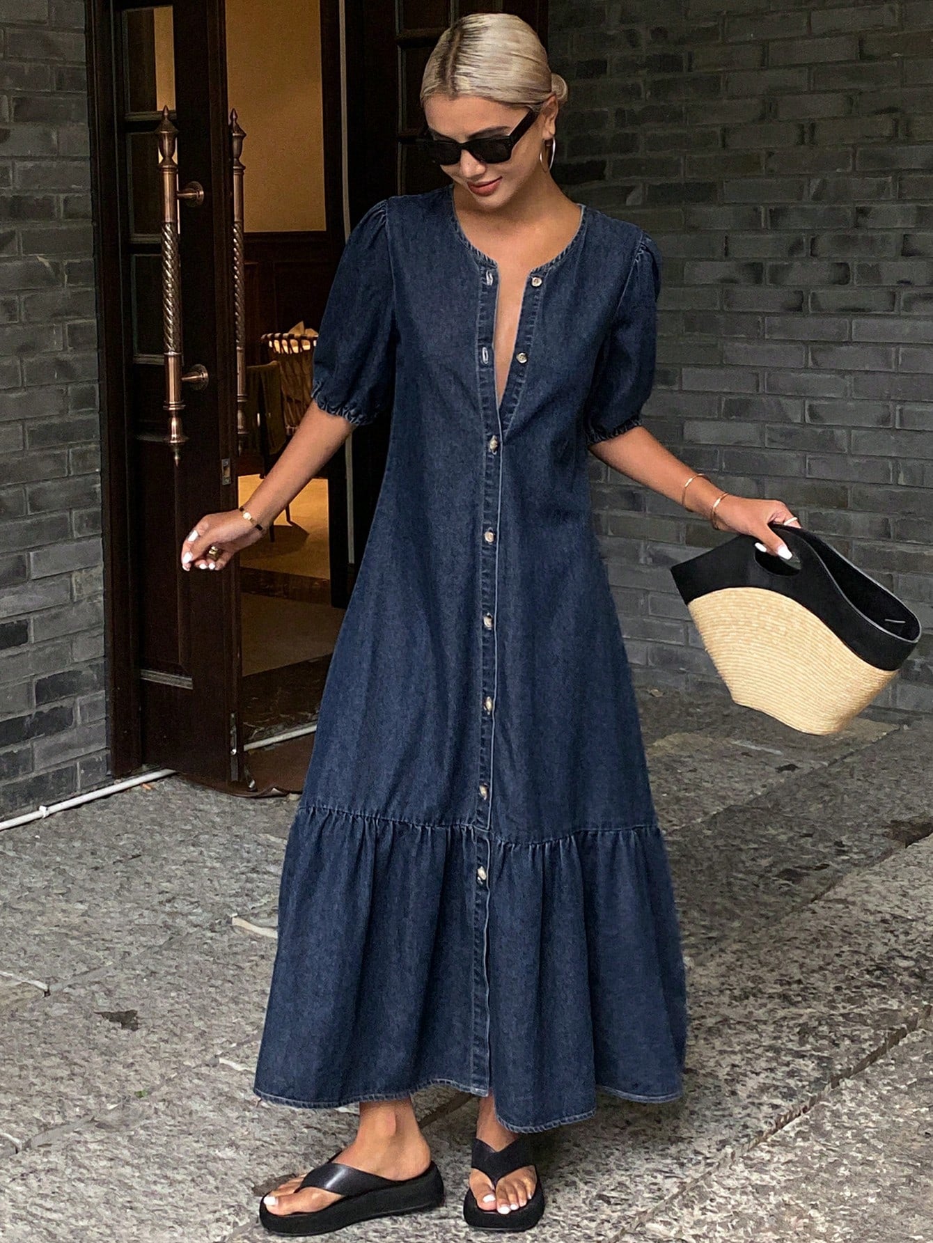 CM-DS209092 Women Casual Seoul Style Puff Sleeve Front Button Down Long Denim Dress - Blue