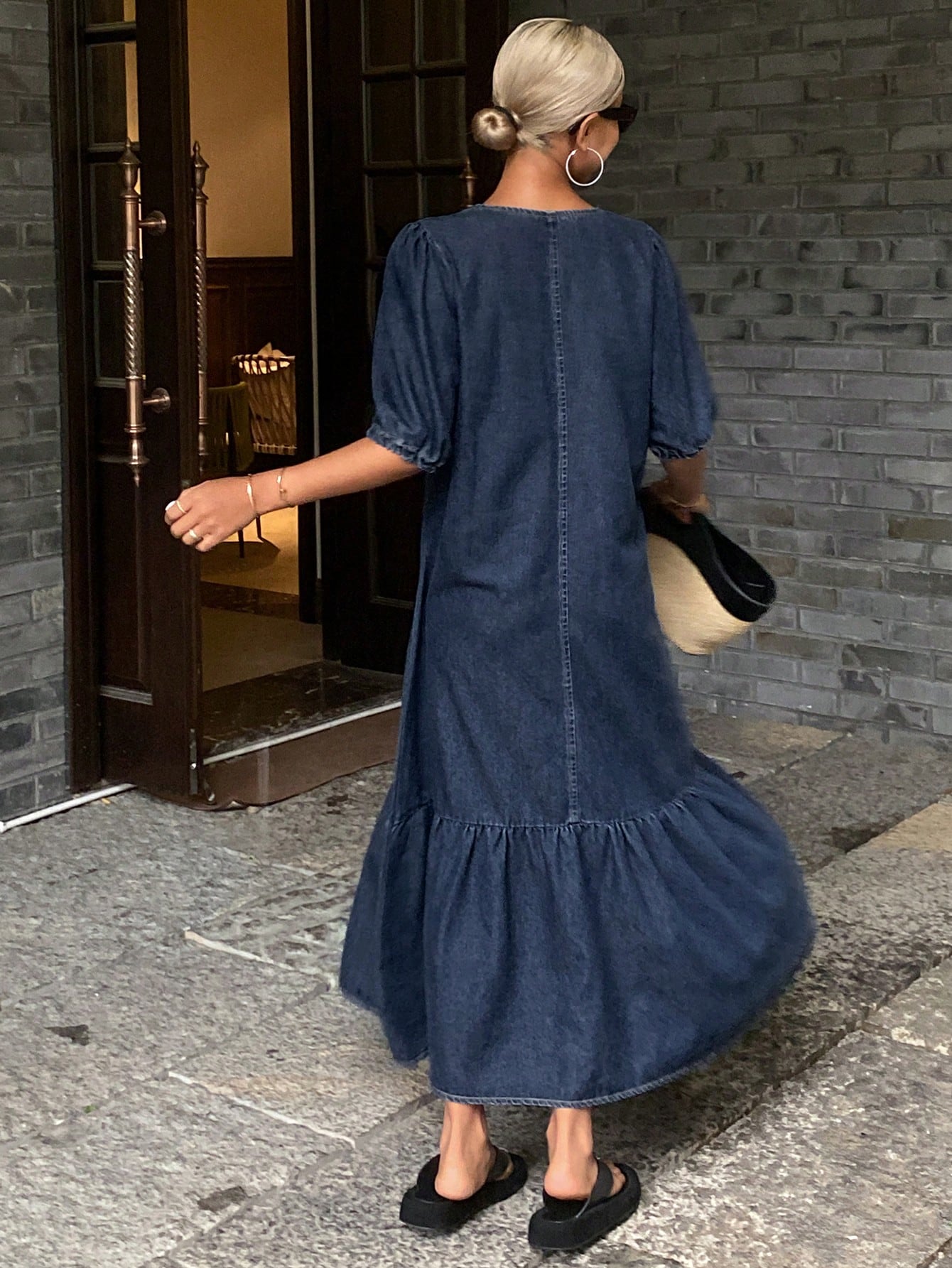 CM-DS209092 Women Casual Seoul Style Puff Sleeve Front Button Down Long Denim Dress - Blue