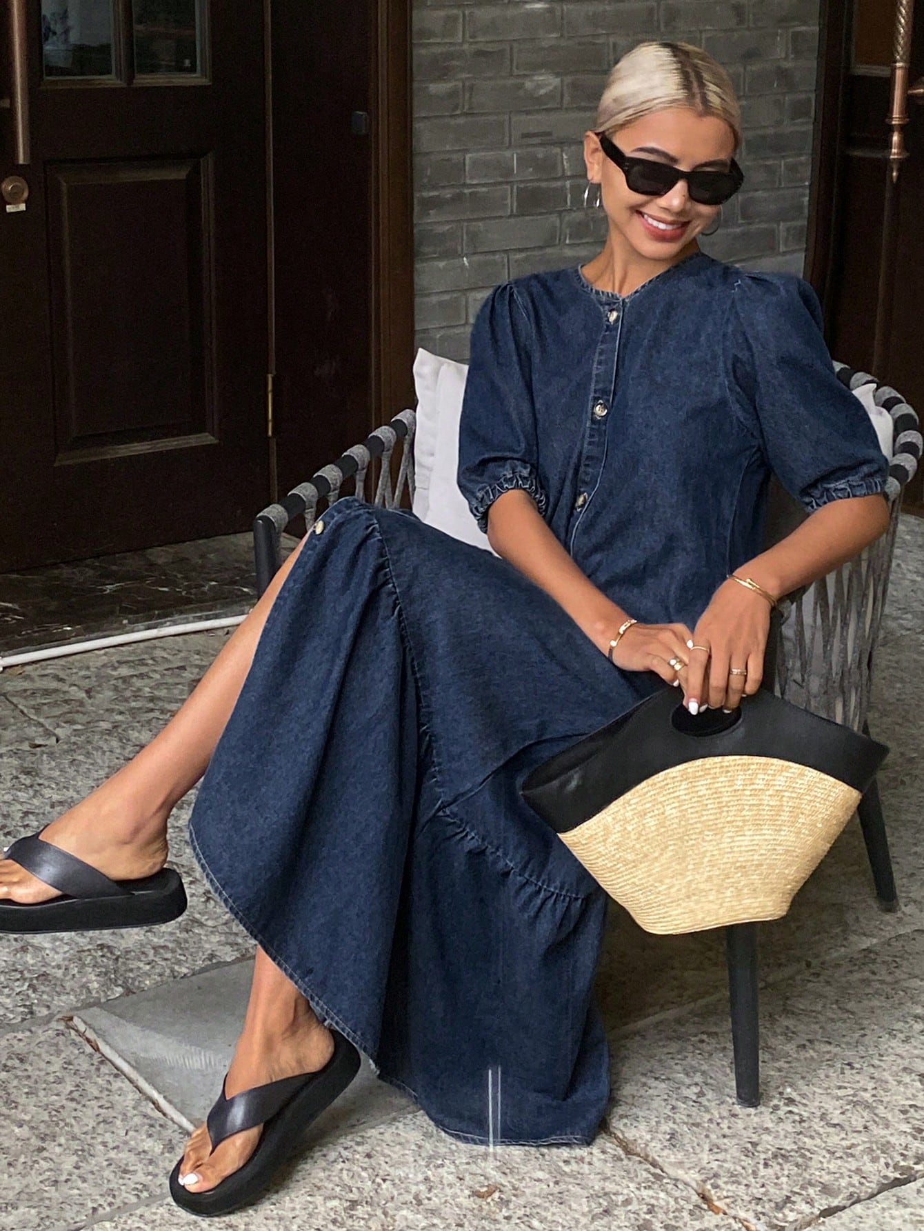 CM-DS209092 Women Casual Seoul Style Puff Sleeve Front Button Down Long Denim Dress - Blue