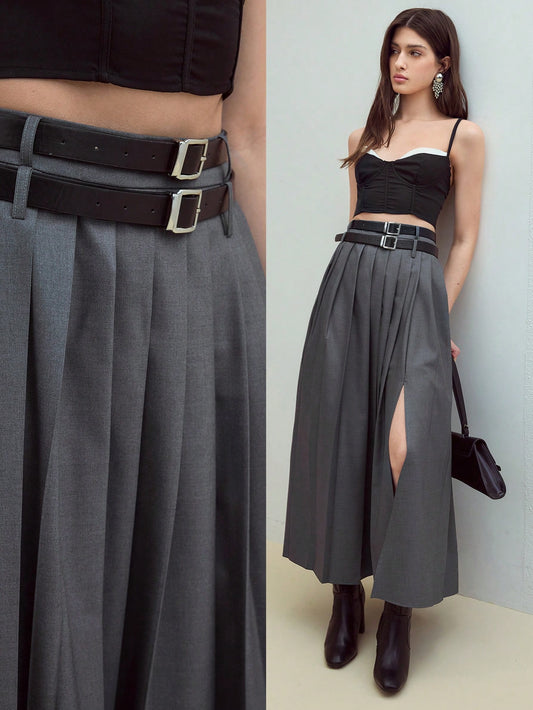CM-BS994700 Women Elegant Seoul Style Mid Waist Pleated Split Thigh Belted Skirt - Gray
