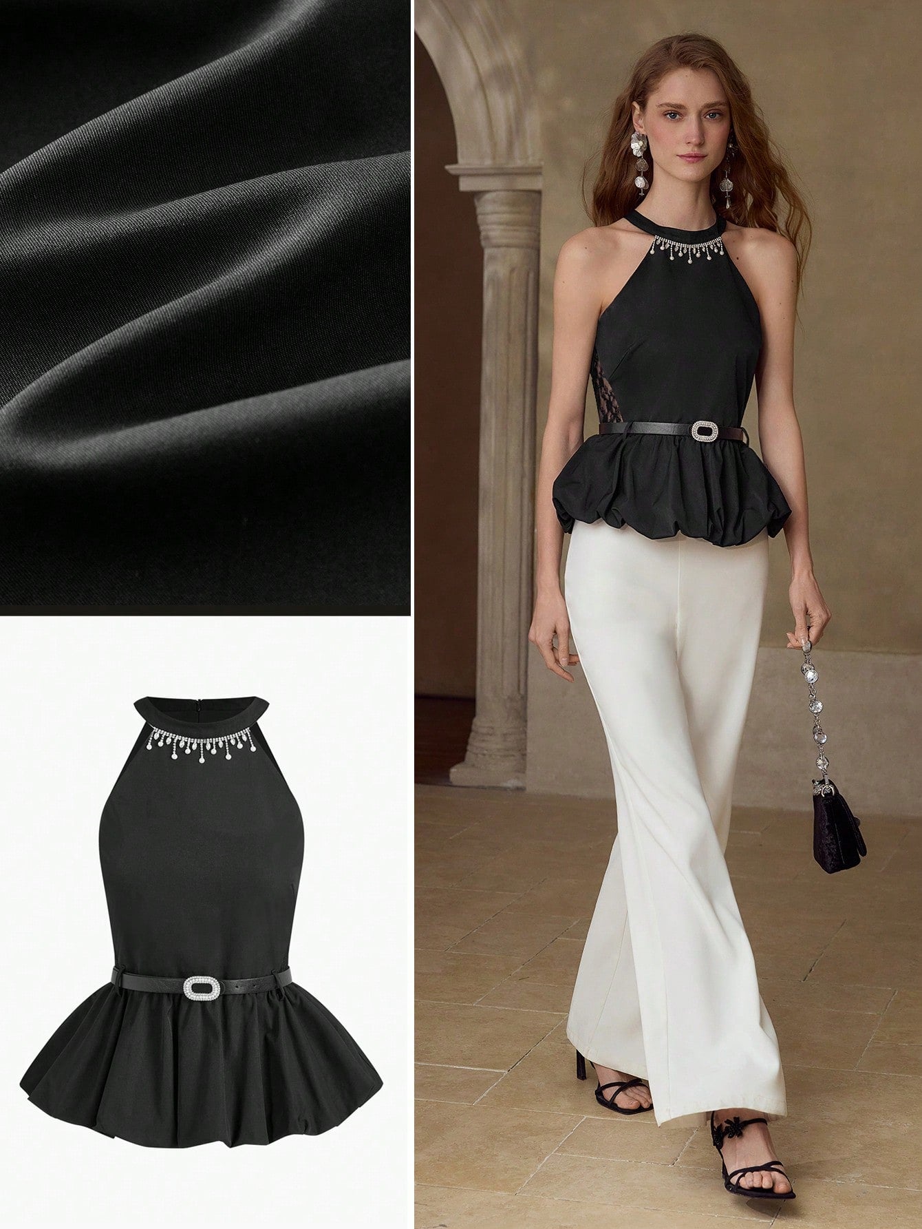 CM-TS131637 Women Elegant Seoul Style Halter Neckline Sleeveless Rhinestone Contrats Lace Peplum Top - Black