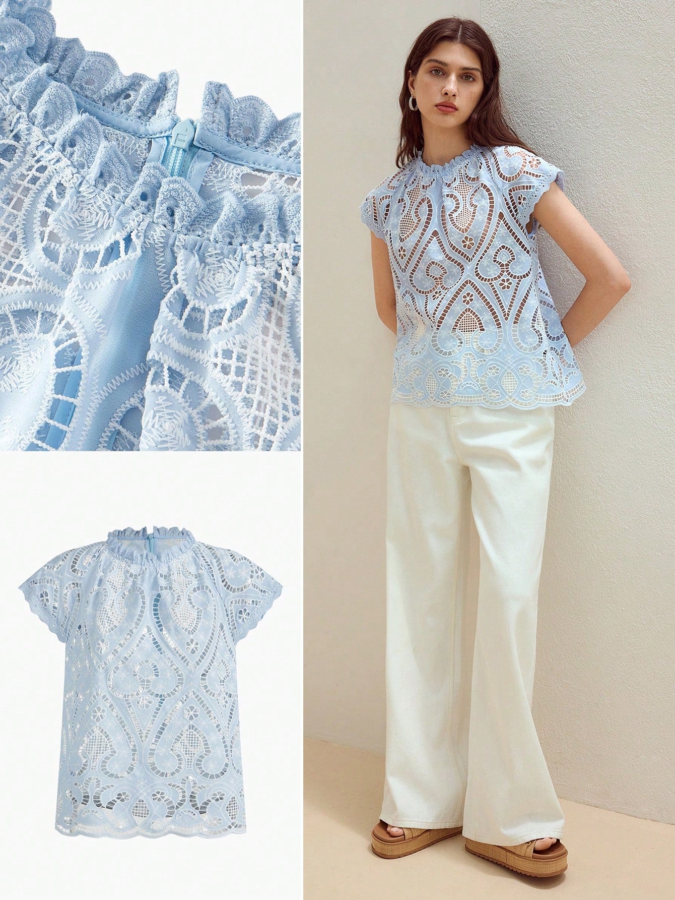 CM-TS701842 Women Elegant Seoul Style Round Neck Cap Sleeve Lace Sheer Blouse - Blue