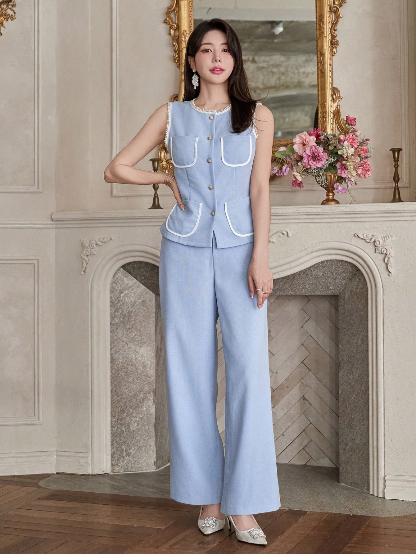 CM-SS647254 Women Elegant Seoul Style Round Neck Sleeveless Camisole With Long Pants - Set