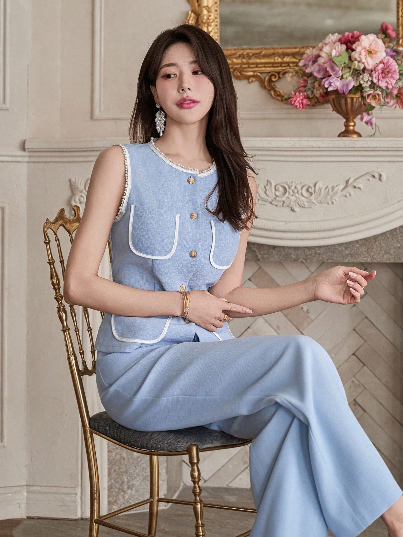 CM-SS647254 Women Elegant Seoul Style Round Neck Sleeveless Camisole With Long Pants - Set