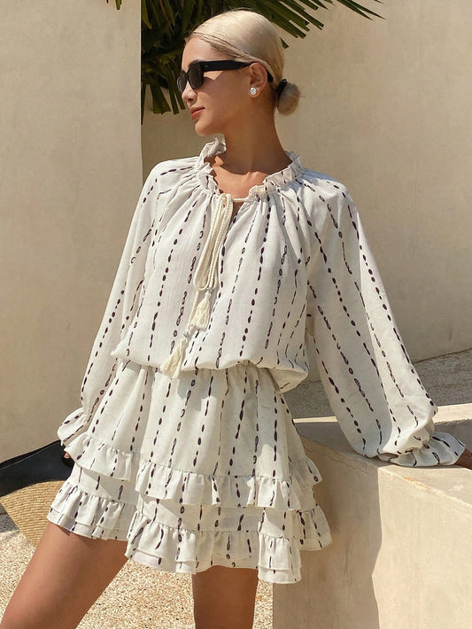 CM-SS480220 Women Trendy Bohemian Style Tie Neck Flare Sleeve Blouse With Ruffle Mini Skirt - Set