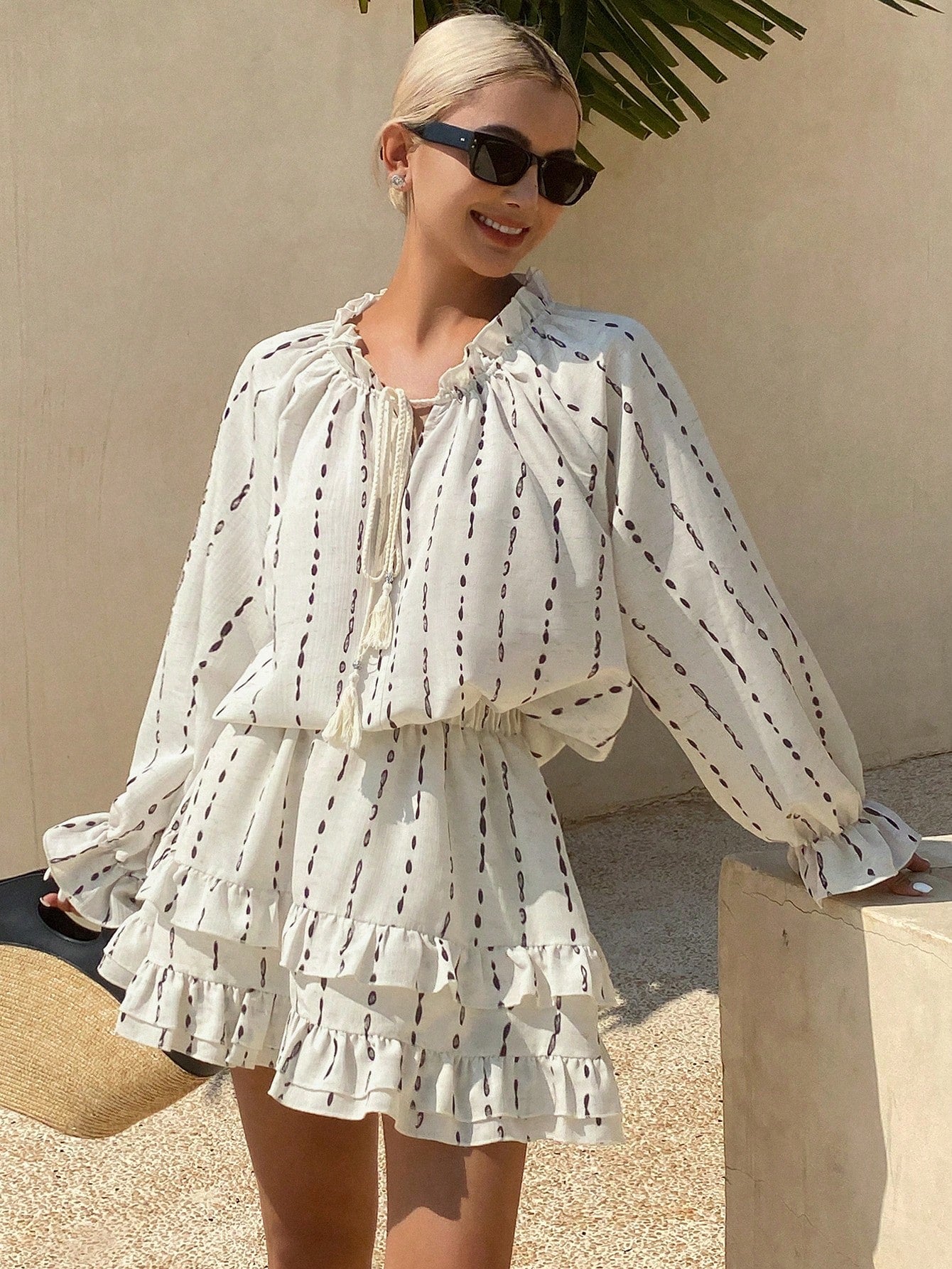 CM-SS480220 Women Trendy Bohemian Style Tie Neck Flare Sleeve Blouse With Ruffle Mini Skirt - Set