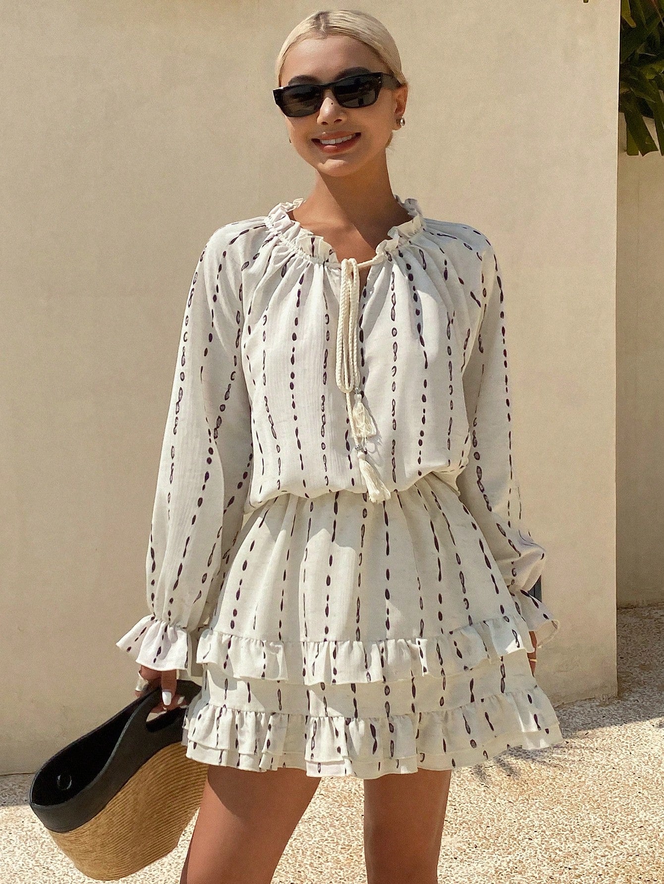 CM-SS480220 Women Trendy Bohemian Style Tie Neck Flare Sleeve Blouse With Ruffle Mini Skirt - Set