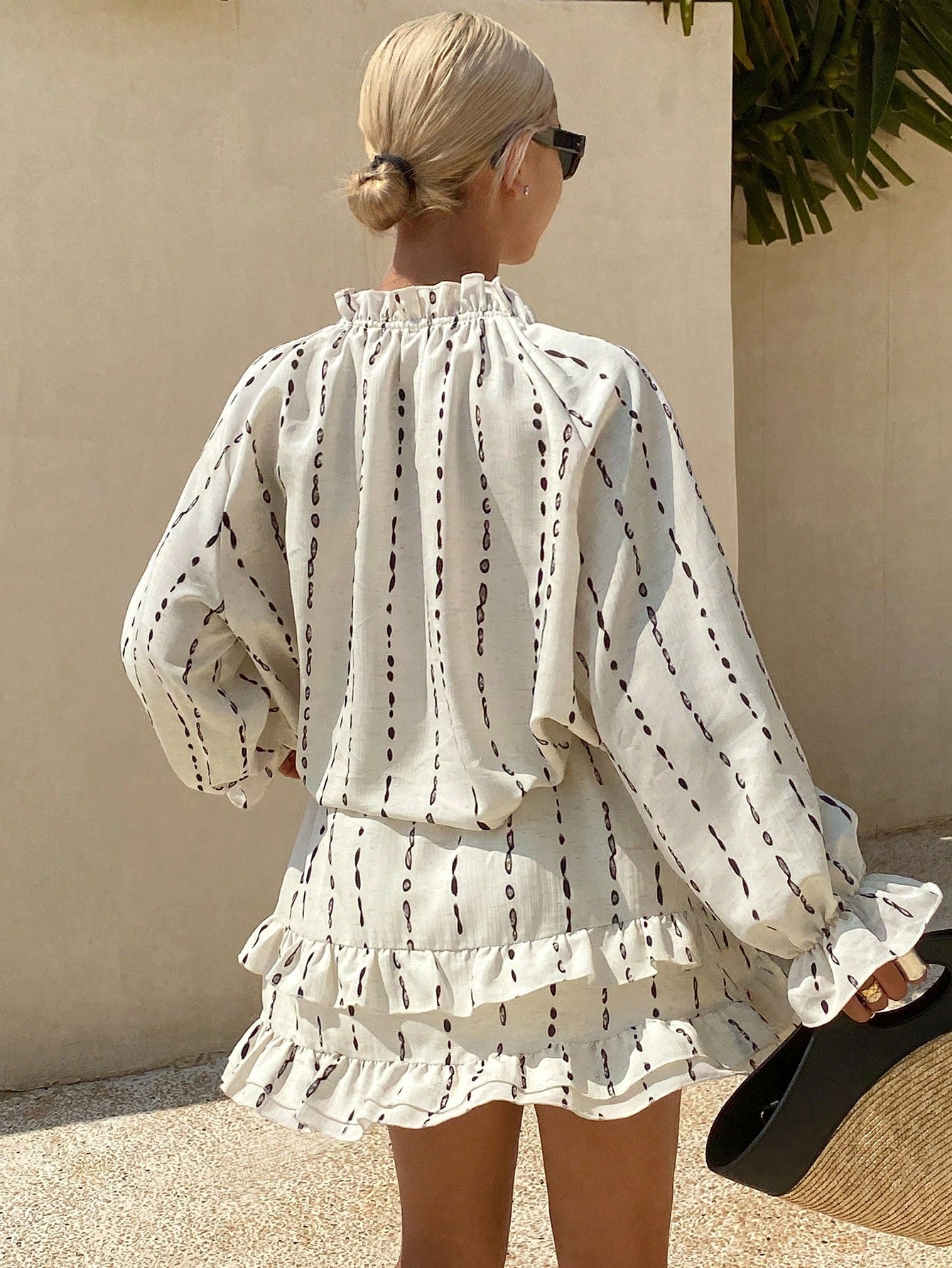 CM-SS480220 Women Trendy Bohemian Style Tie Neck Flare Sleeve Blouse With Ruffle Mini Skirt - Set