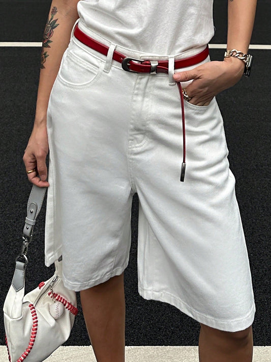 CM-BS483239 Women Casual Seoul Loose Fitting Mid-Thigh Length Denim Shorts With Pockets - White